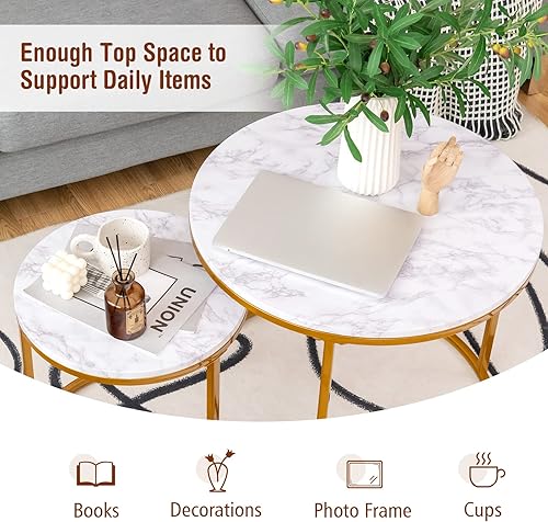 Miniatura 6 de Giantex Juego de 2 mesas auxiliares apilables redondas con marco de madera y marco de acero recubierto de polvo, mesas auxiliares vintage que