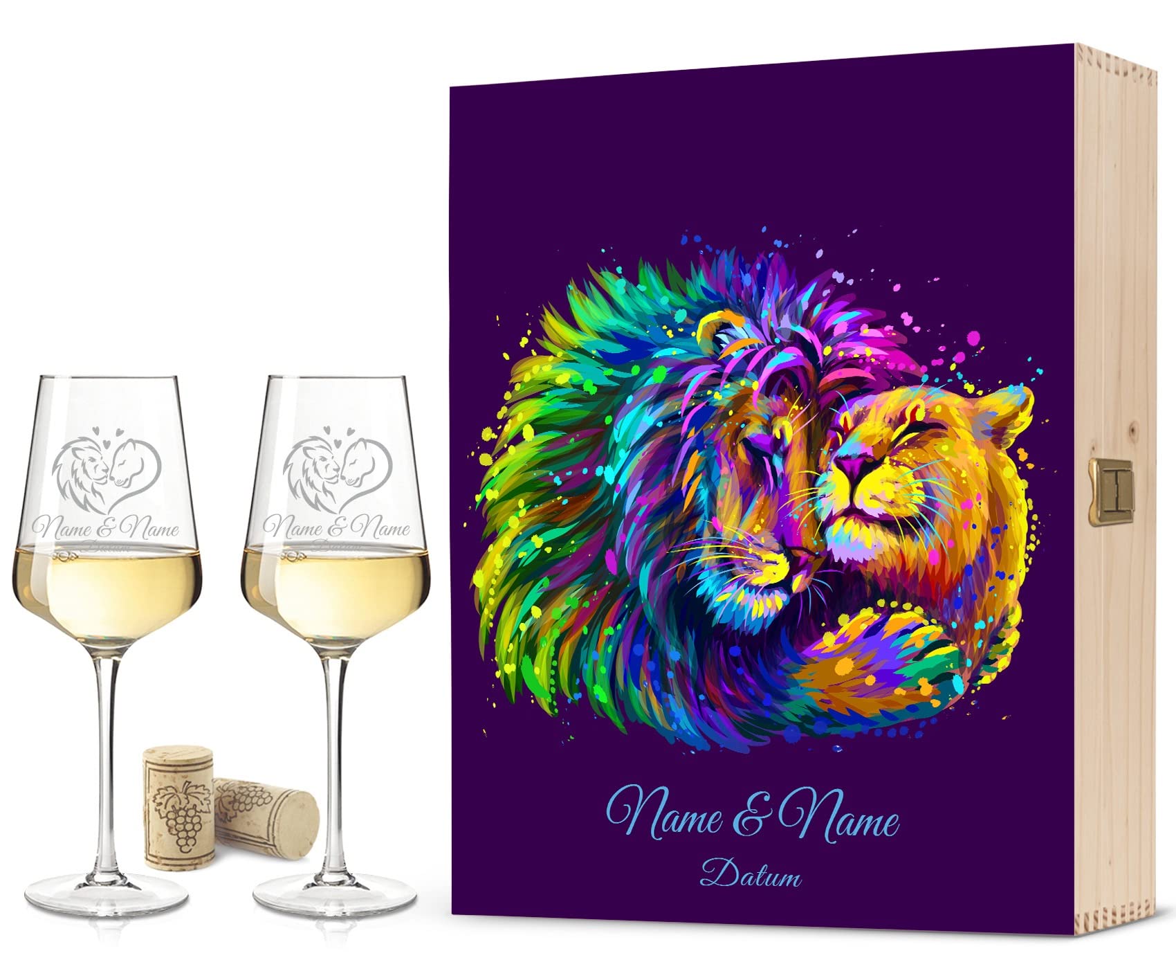 GRAVURZEILE Leonardo Puccini kieliszki do wina z grawerunkiem – Lion Love Design jako zestaw wraz z drewnianą skrzynką – możliwość spersonalizowania z imieniem i datą – prezent na zaręczyny, ślub,