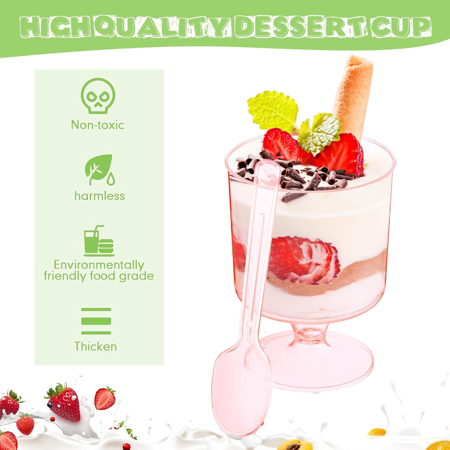 Nuogo 200 Pcs 5oz Mini Dessert Cups with Spoons Bulk 100 Pcs Clear Small Parfait Appetizer Cup with 100 Spoons Disposable Plastic Dessert Goblets for Summer Party Pudding Ice Cream(Pink Color)