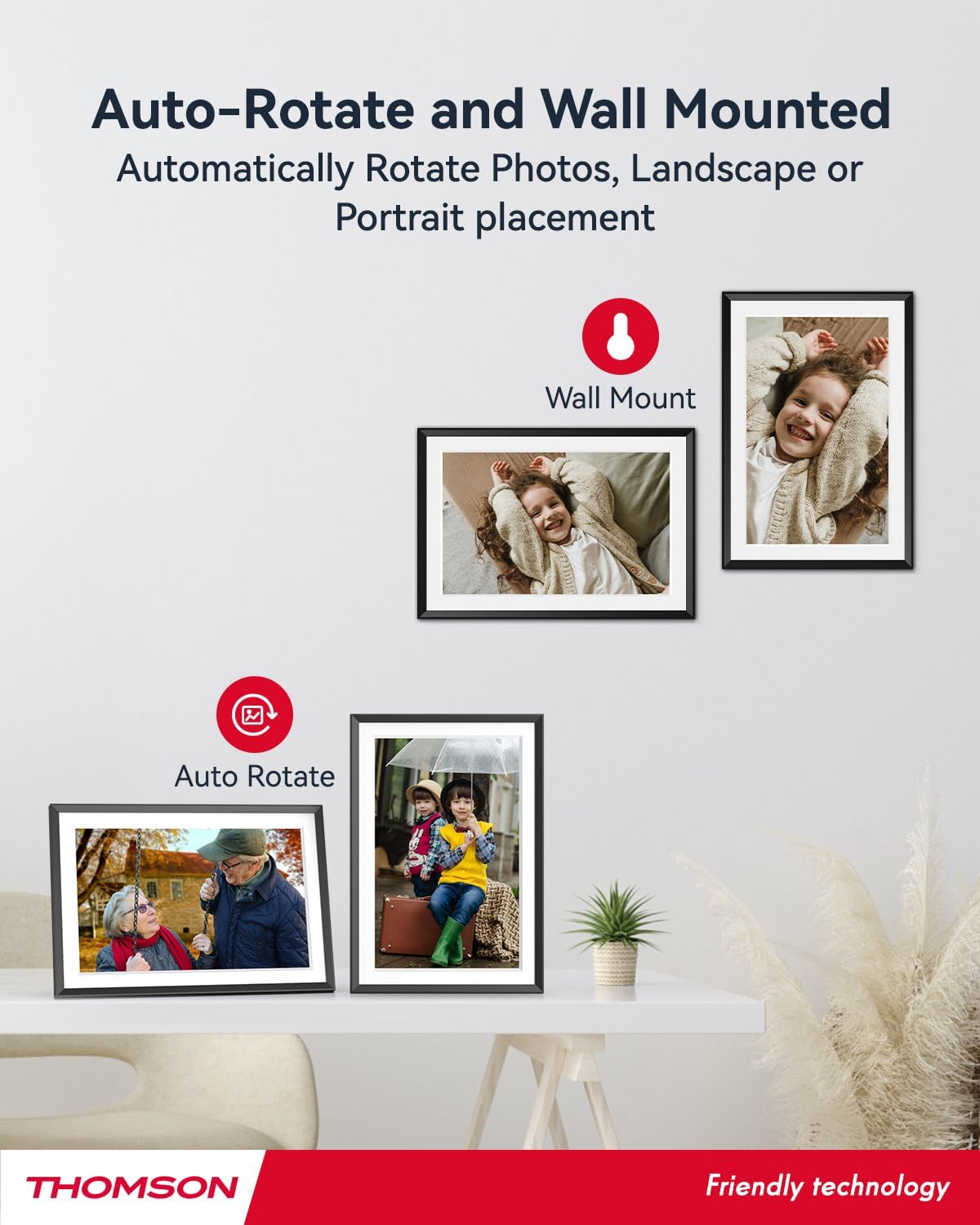 Images demonstrating auto-rotate and wall-mount features of the digital photo frame.