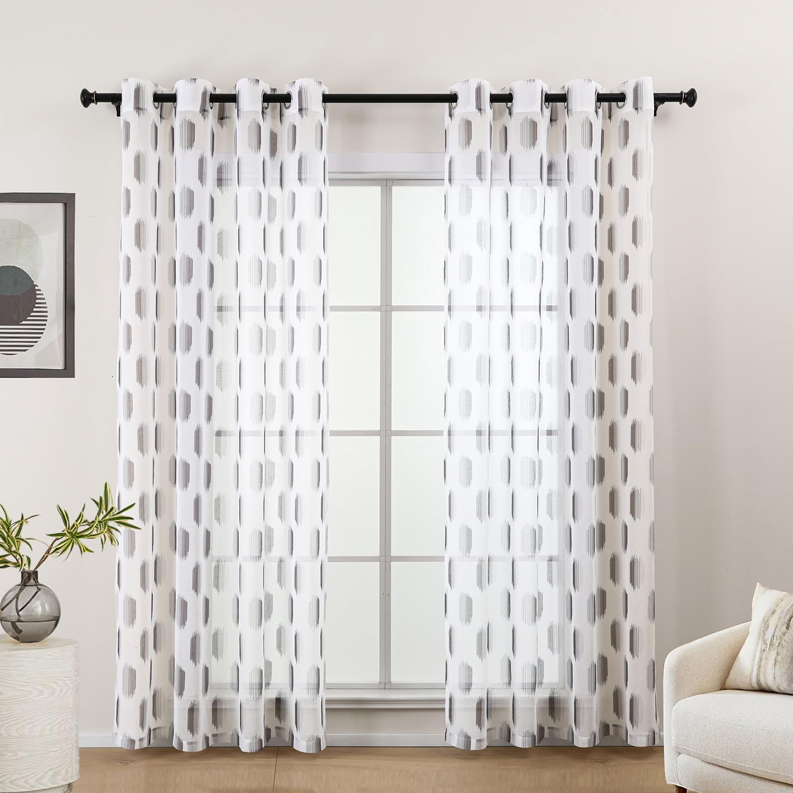 L.Z.E Gardinen Grau Weiß, Vorhänge für Wohnzimmer, Vorhang Grau Weiss für Schlafzimmer, 175 cm Lang, mit Ösen, Transparent, Geometrisches Design, 2er Set Gardinenschal Ösenschal (LZE2237E-GR175)