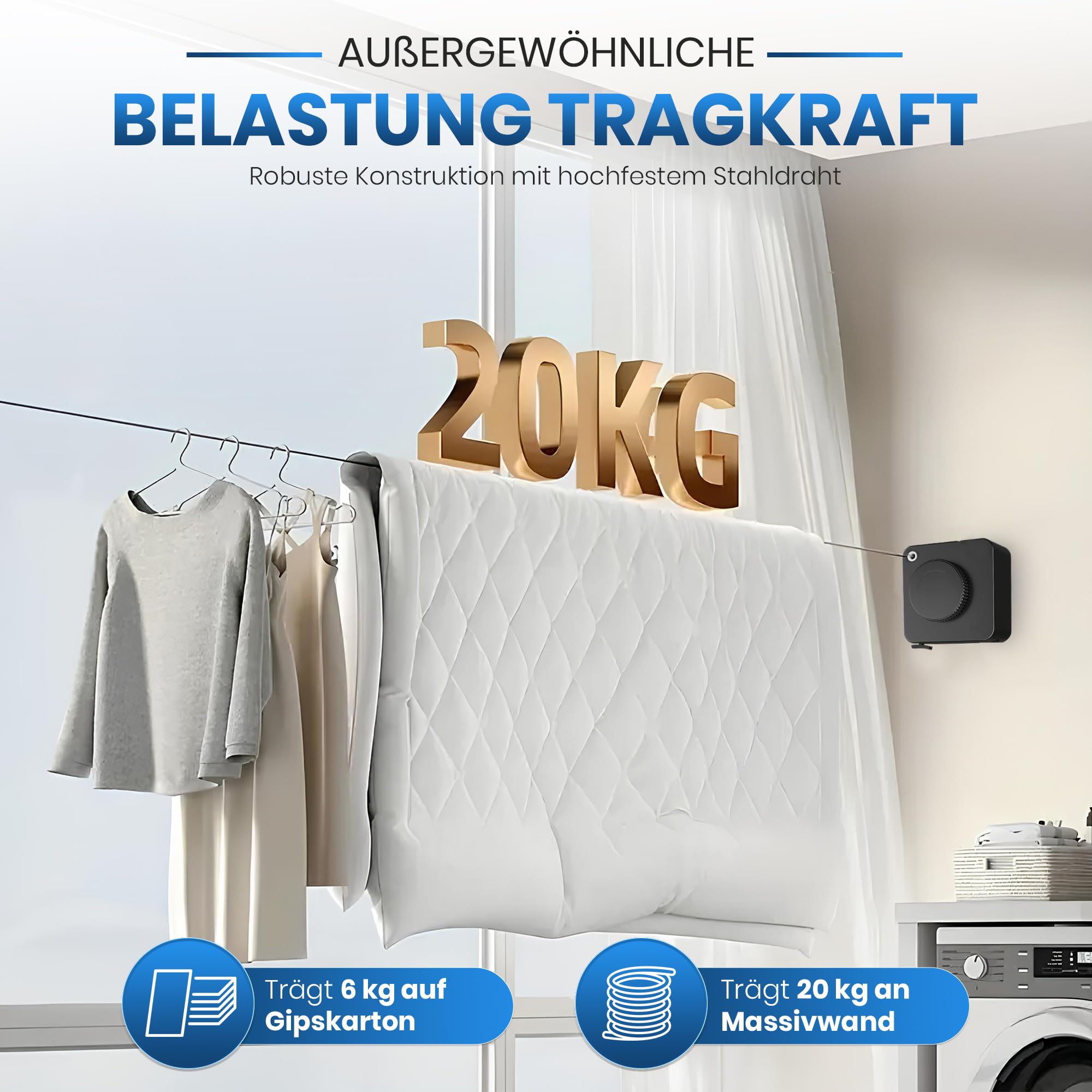 Lot de cordes à linge extensible murale - Corde à linge extensible (5,1 m de corde en acier inoxydable, jusqu'à 20 kg) - Peu encombrante pour salle de bain, balcon et camping-car