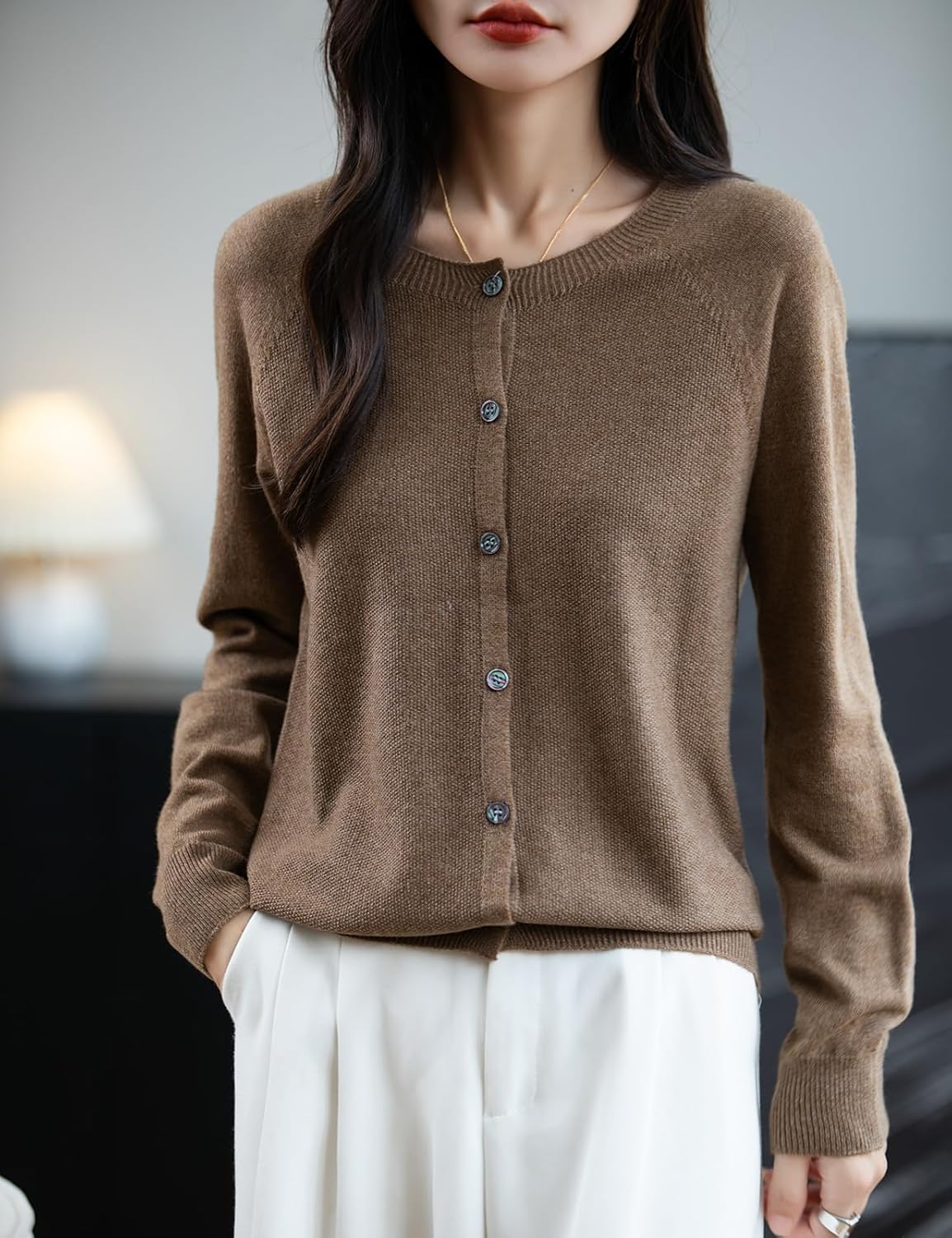 Women's Merino Wool Blend Cardigan Crew Neck Fall Winter Long Sleeve First-Line Ready to Wear Seamless Knit - Image 3