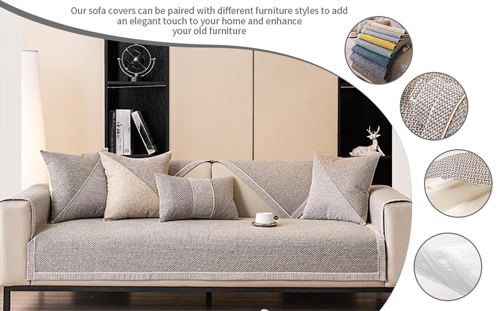 Copridivano in Morbida Cotone e Lino Lavabile, Copri Divano Antiscivolo da 1/2/3 Posti for Divani Componibili, Sofa Protezione for Mobili a Forma di L/U(Grigio Scuro,90x240cm)