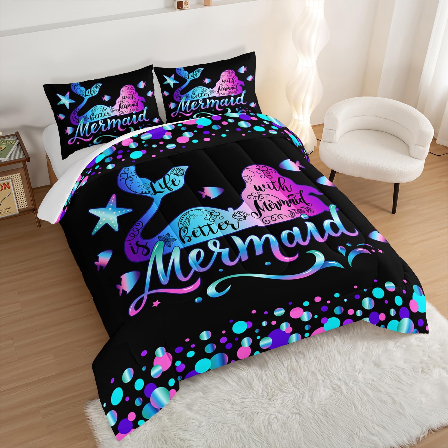 UEVBF Mermaid Twin Comforter Set,Gradient Color Mermaid Starfish Pattern Bedding Set for Kids Girls Princess Room Decor,Ocean Animal Themed Bedding Comforter Set with 2 Pillowcases.