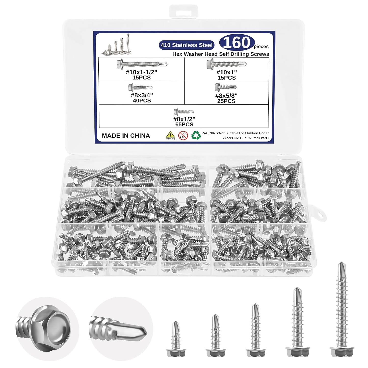 Self Tapping Screws for Metal, 145PCS Self Tapping Screws, #8 x 1/2",5/8",3/4",1",1-1/4" Truss Head Sheet Metal Screws, 410 Stainless Steel Self Drilling Screws for Metal Wood Plastic