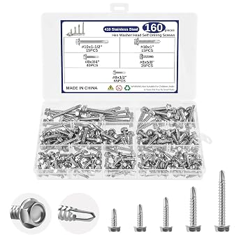160Pcs Self Tapping Screws, 410 Stainless Steel Self Tapping Screws for Metal, Hex Washer Head Sheet Metal Screws, Self Drilling Screws Assortment Kits #8 1/2" 5/8" 3/4" #10 1" 1-1/2"