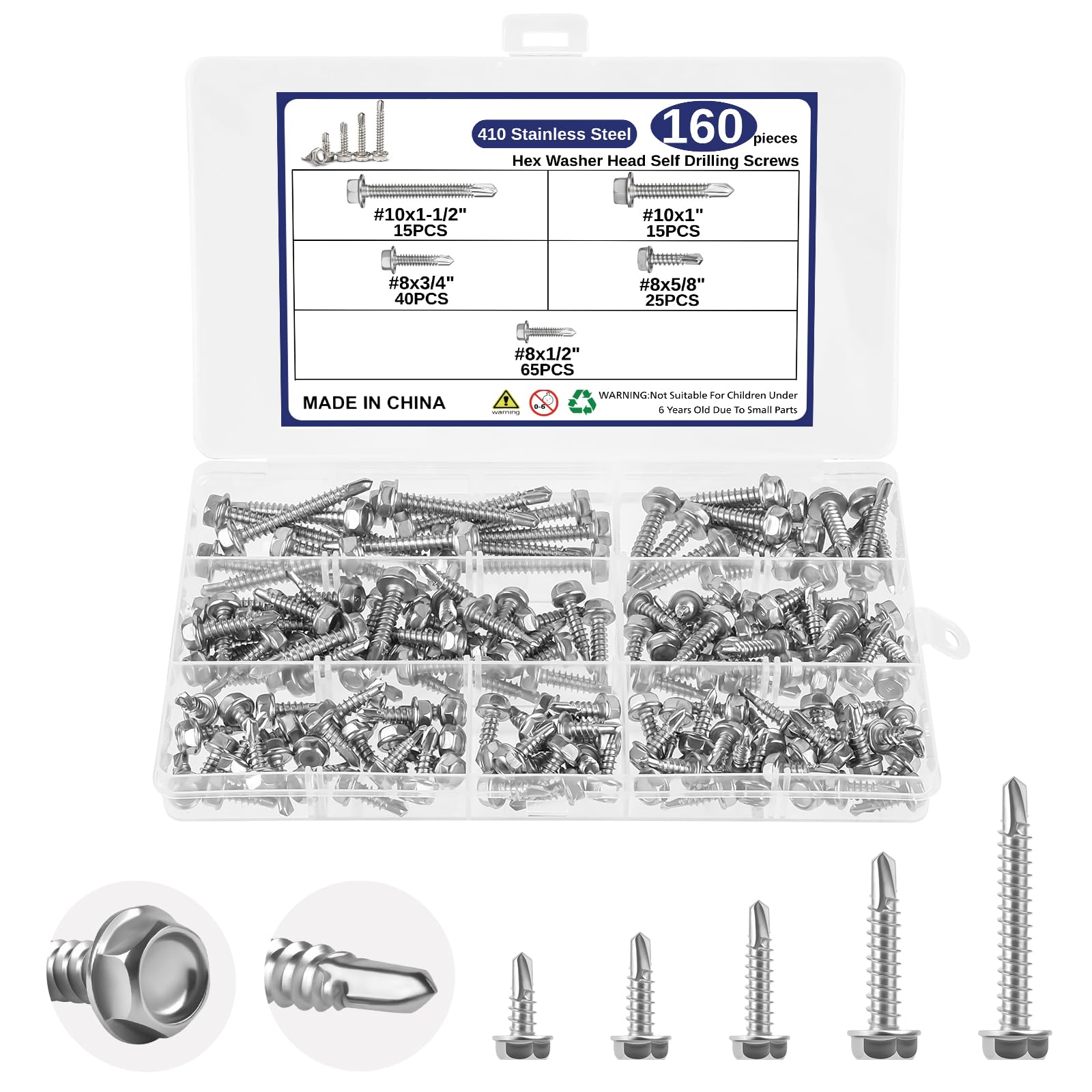 160 tornillos autorroscantes, 410 tornillos autorroscantes de acero inoxidable para metal, tornillos de chapa de cabeza hexagonal de arandela, kits surtidos de tornillos autoperforantes (#8 1/5.1 cm 5