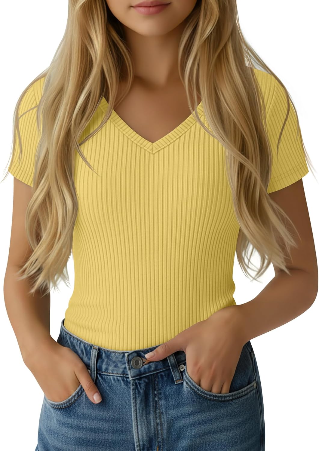 Girls Shirts Short Sleeve V Neck Ribbed Slim Fit Kids Tops Comfy Cute Summer Teen Girl Basic Tees
