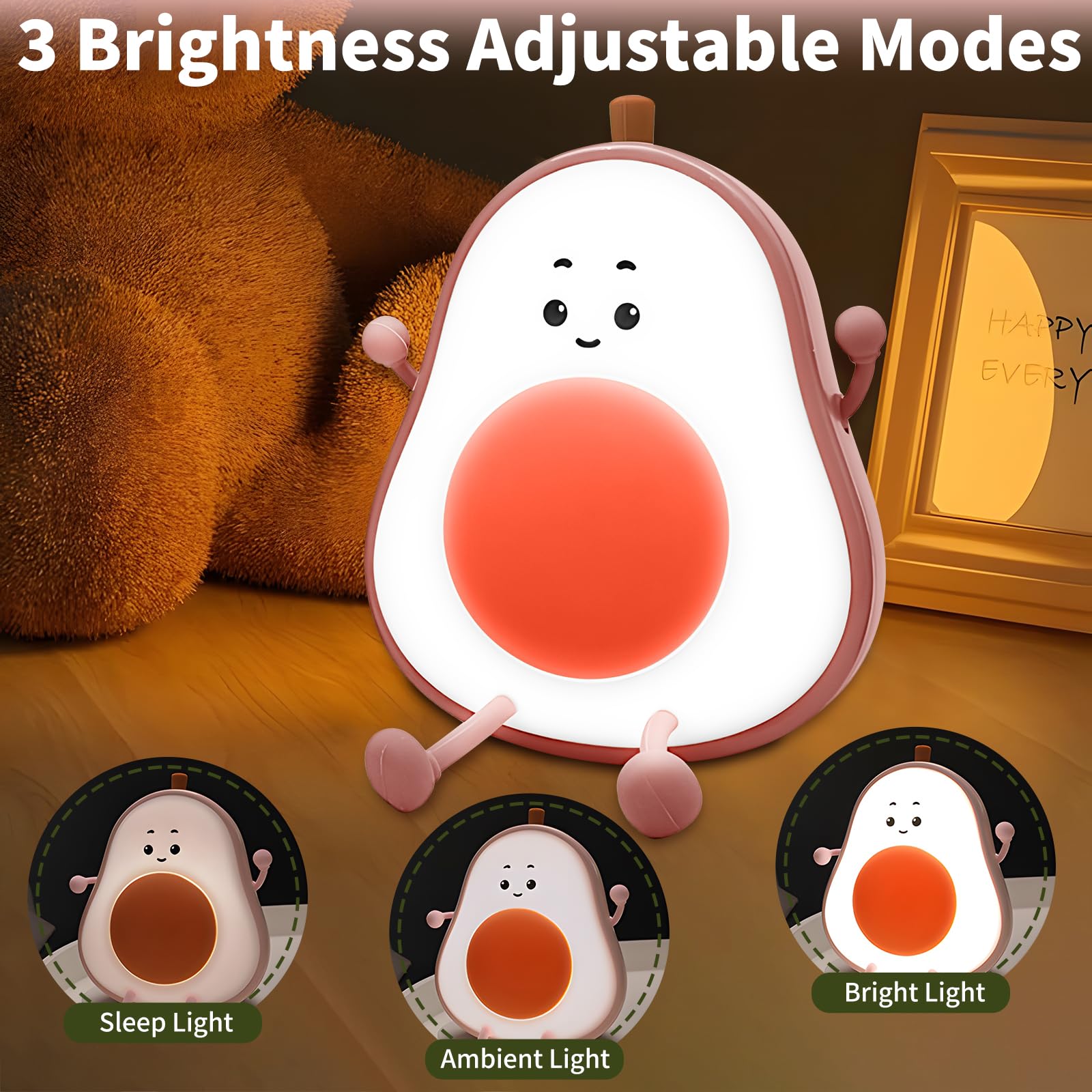 FOGARI Luz Nocturna De Aguacate, Dulce Aguacate Para Niños, 3 Modos De Luz, Control Táctil, Luz Nocturna Regulable De Silicona Para Habitación Infantil, Recargable Por USB, Regalo Para Mujeres, Niñas