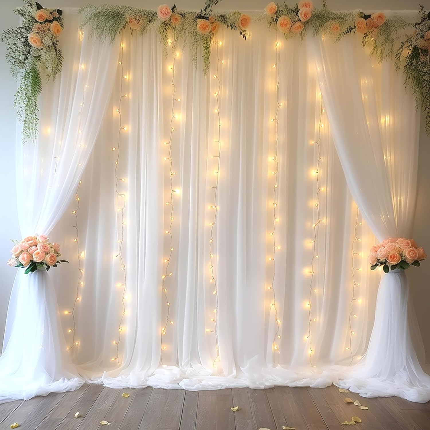 10ft x 10ft White Chiffon Backdrop Curtain with Lights String for Parties,2 Panels Sheer Tulle Curtain Wedding Backdrop with Lights for Baby Shower Birthday Party Ceremony Reception Home Decorations