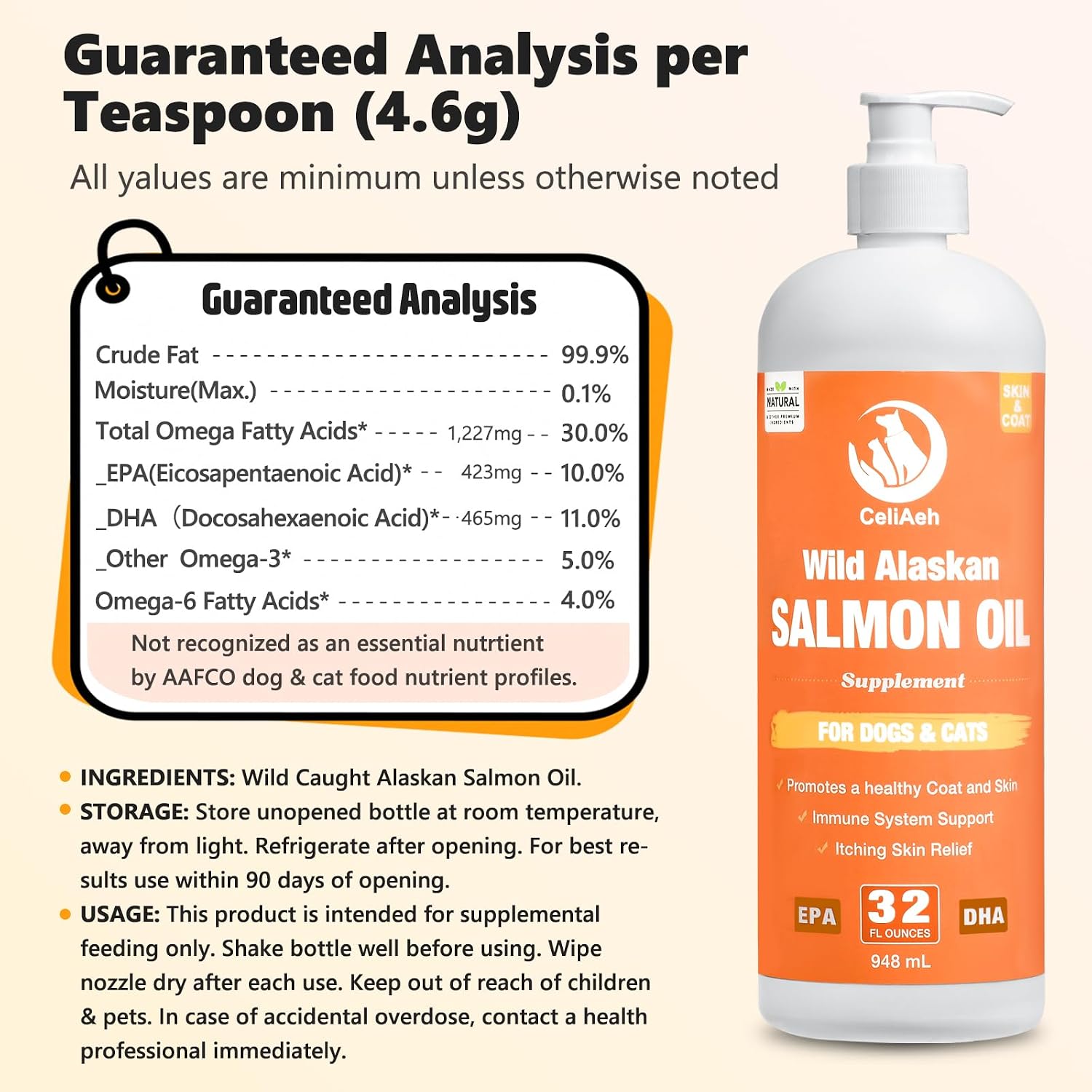 Wild Salmon Oil for Dogs & Cats 32oz Omega 3 Fish Oil Skin & Coat Supplement Pure Fish Omega 3 6 9 Liquid EPA DHA Fatty Acids - Itchy Relief Supports Joint Function, Brain, Eye, Immune & Heart Health