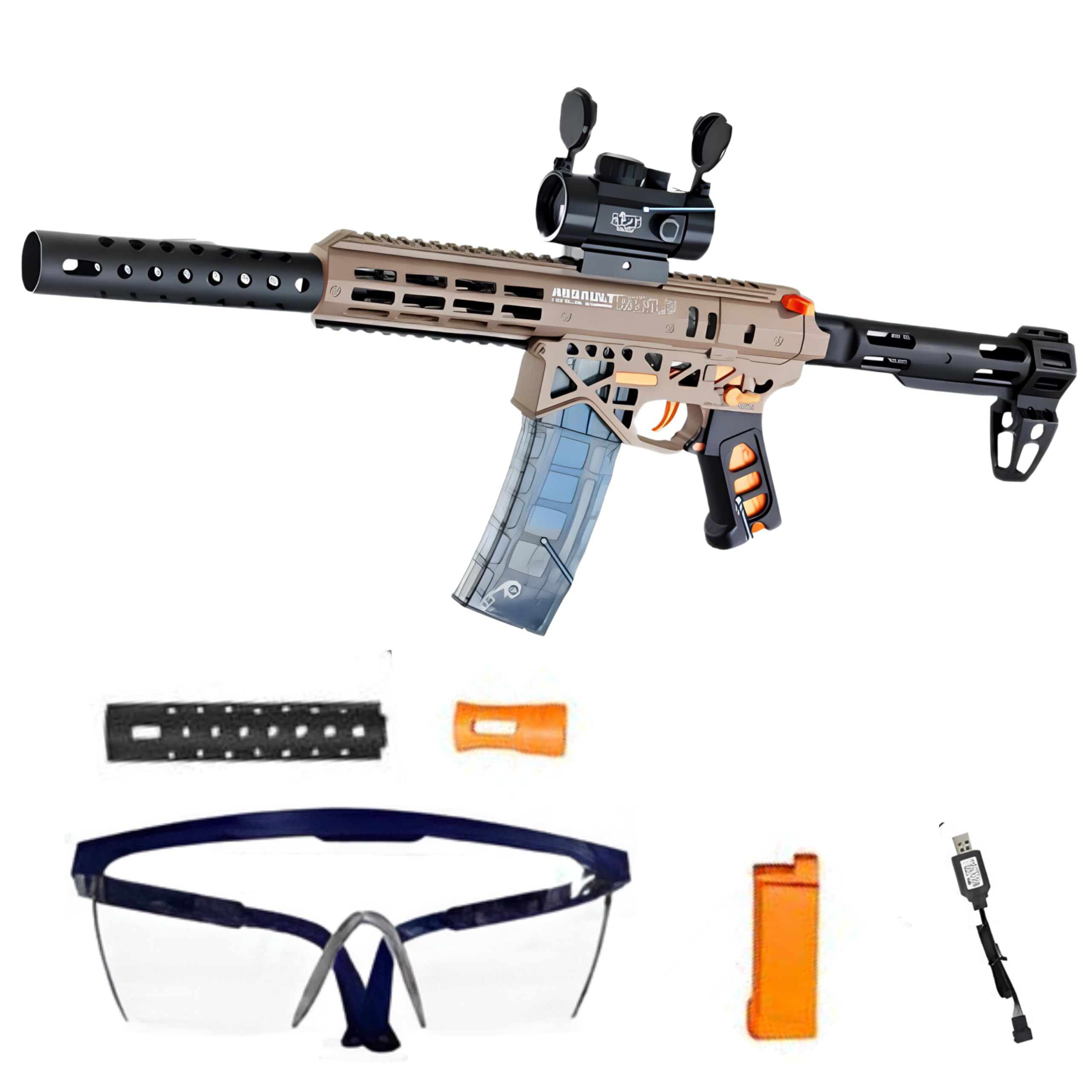 Gel Blaster Gun MK7 – Pistolet à Bille Eau Electrique Automatique – Accessoires & Lunettes – Watersoft Puissant Fusil Arme Mitraillette - Adulte Gelfire Water Gun (Marron)