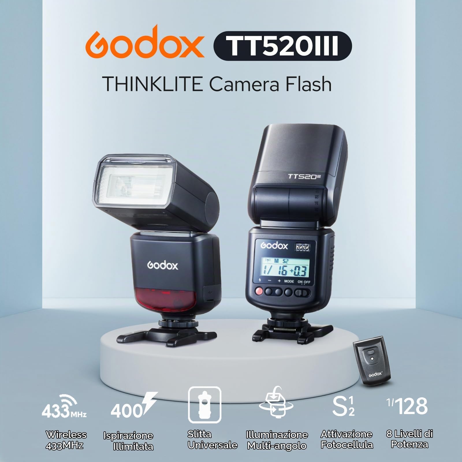Godox TT520III Camera Flash Speedlite con Trasmettitore RT, 433MHz Triggering Wireless, 1.8s Tempo di Riciclo, GN33 On-Camera Speedlight per Canon Sony Nikon Fujifilm Olympus Fotocamera | Triggering Wireless 433MHz, 1,8s Tempo di Riciclo, GN33, con Trasme