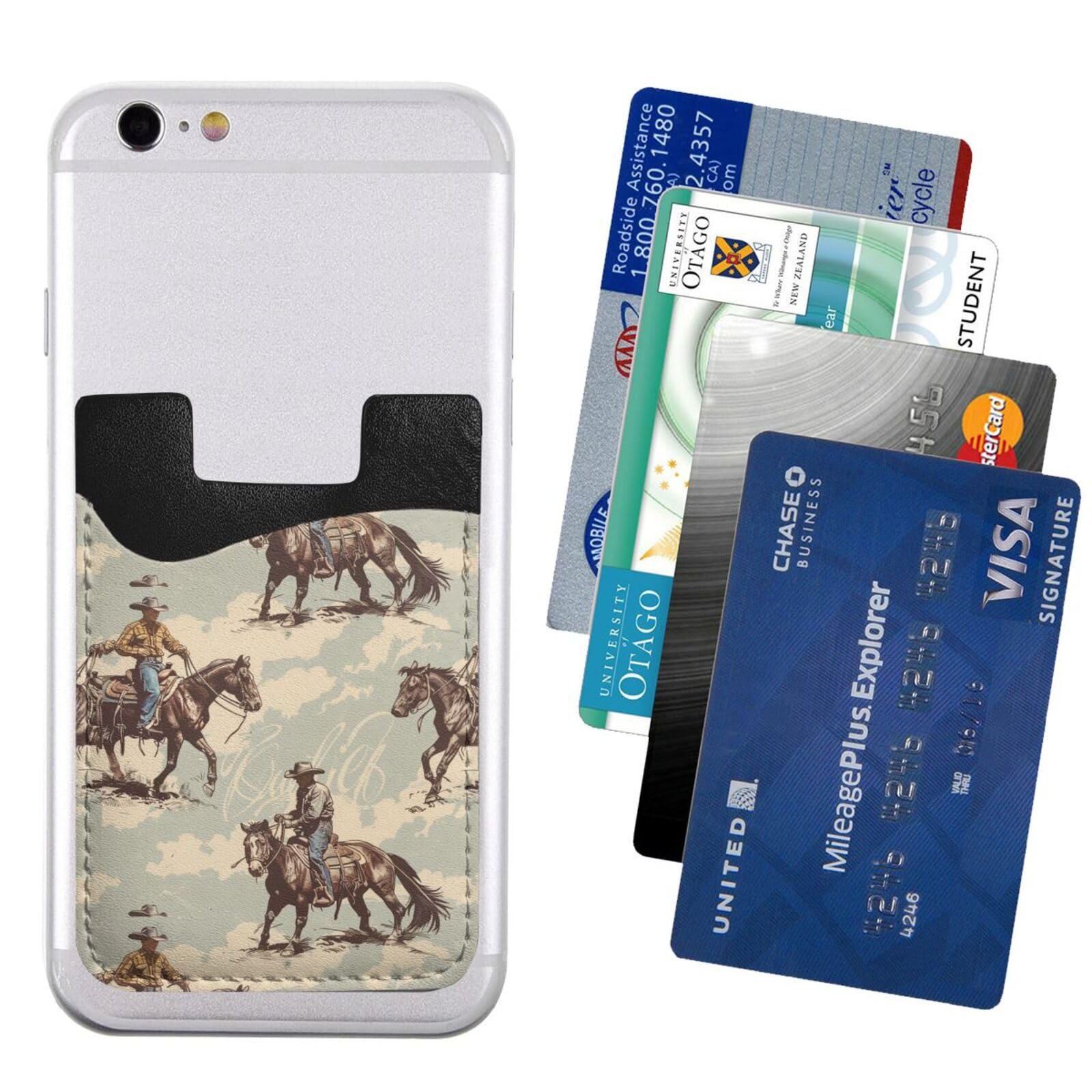 Raunew Phone Wallet Stick On, Cell Phone Card Holder Pocket for Back Vintage Cowboys Rodeo Men Horse Western Adhesive Credit Card Holder Non-Slip of Phone Case for All Smartphones, Fit 4 Cards