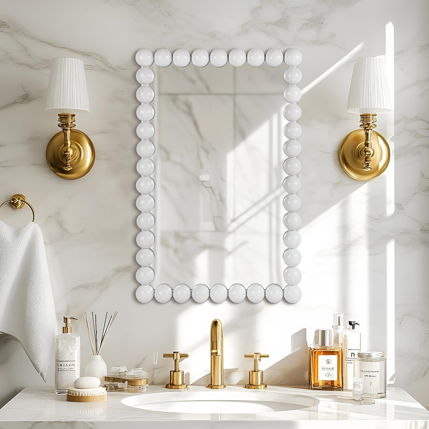 Decorative Beaded Wall Mirror – Modern Rectangular Accent Mirror, 20″x30″, for Living Room, Bedroom, Bathroom, Entryway & Office – Available in Gold, Black, & White (White)