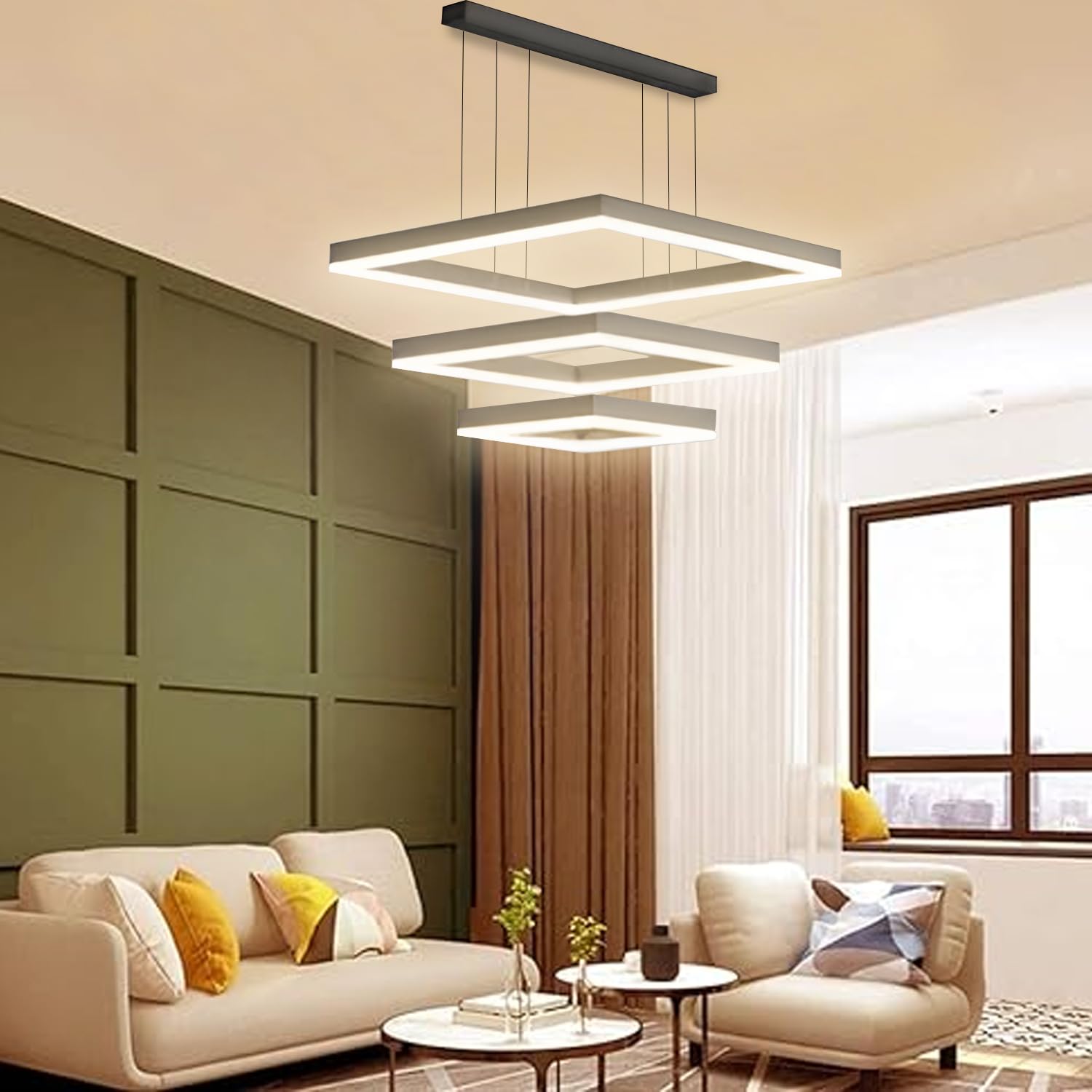 Lampadario Led a Sospensione Soffitto Design Moderno Quadrato Luce Calda Fredda Dimmerabile Con Telecomando e App Cellulare Lampada Soggiorno Salotto Cucina Camera Da Letto 5500LM 90W 60 Cm Nero