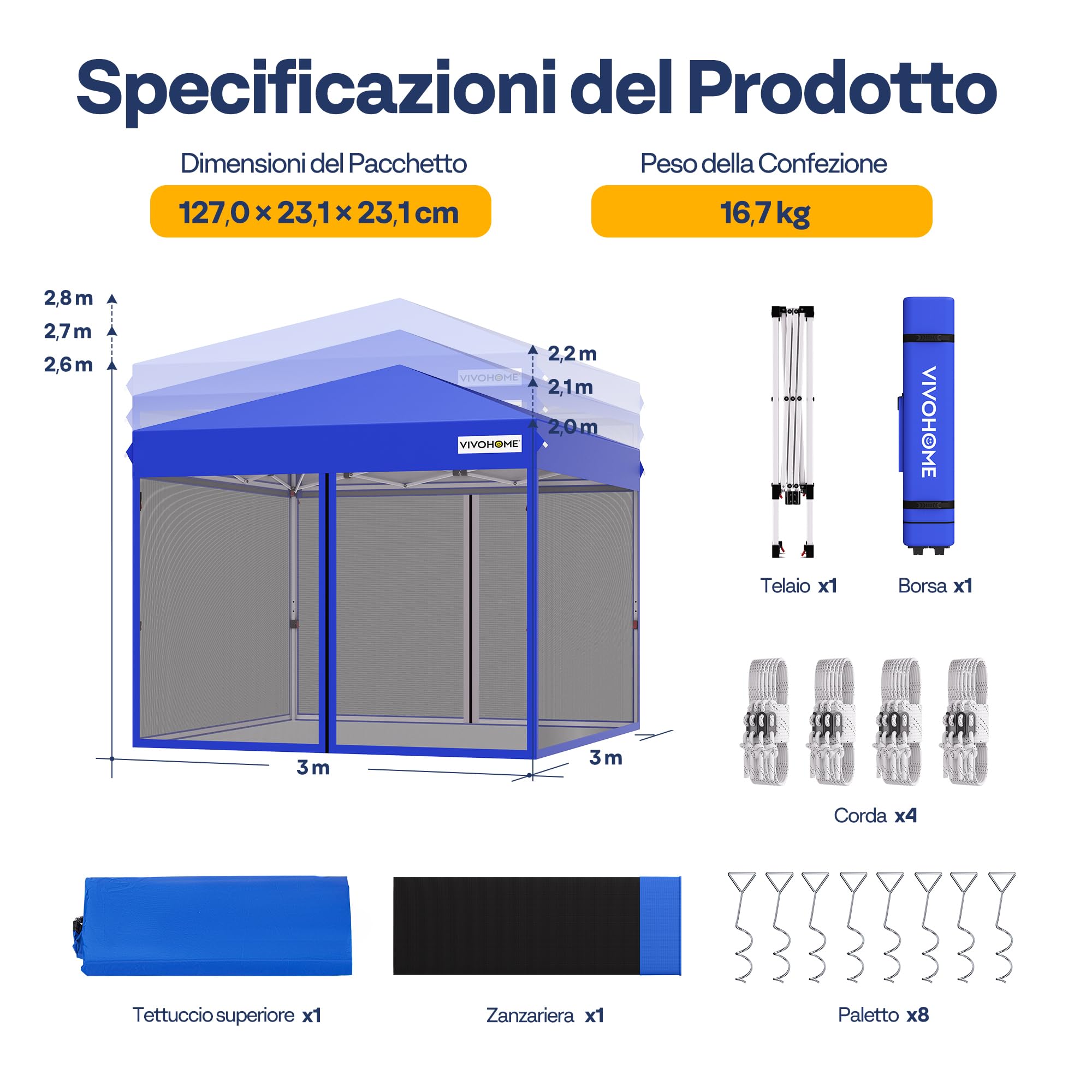 VIVOHOME Gazebo Pop-up Impermeabile 3x3m da Giardino Tenda Pieghevole con Struttura in Metallo Porte con Cerniera e Sacca di Trasporto per Campeggio Picnic e Feste all'Aperto