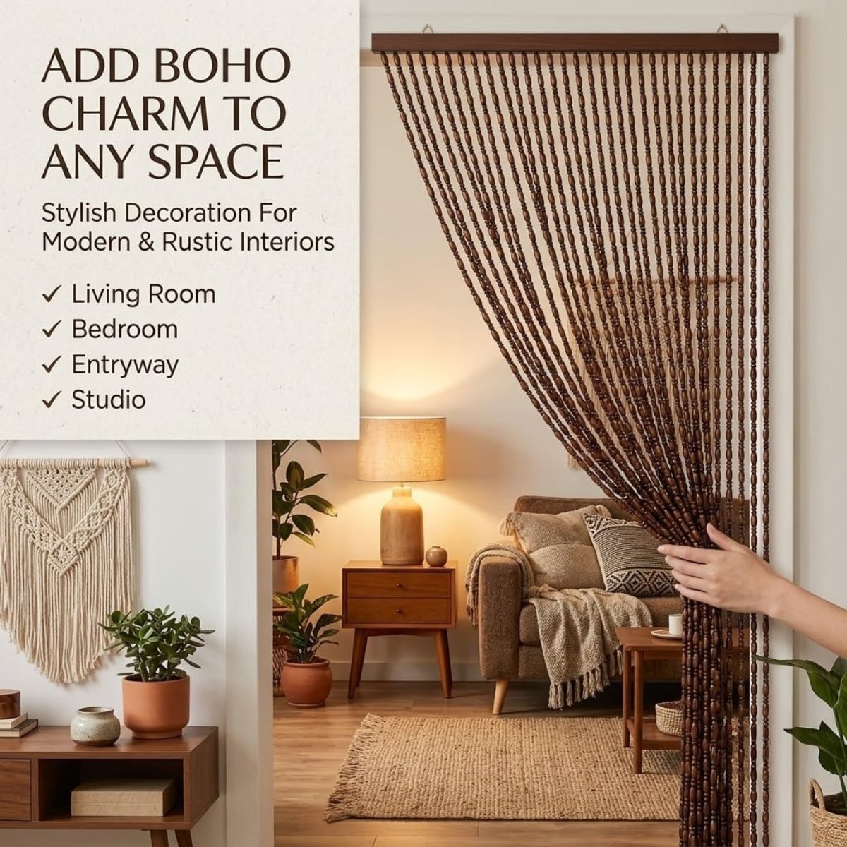 Rideau de Porte en Perles de Bois Naturel, Séparateur d’espace Décoratif Pour Studio et Petit Appartement, Crée de L’intimité Sans Bloquer La Lumière Ni L’air, Solution(Dark Red,100x210cm)