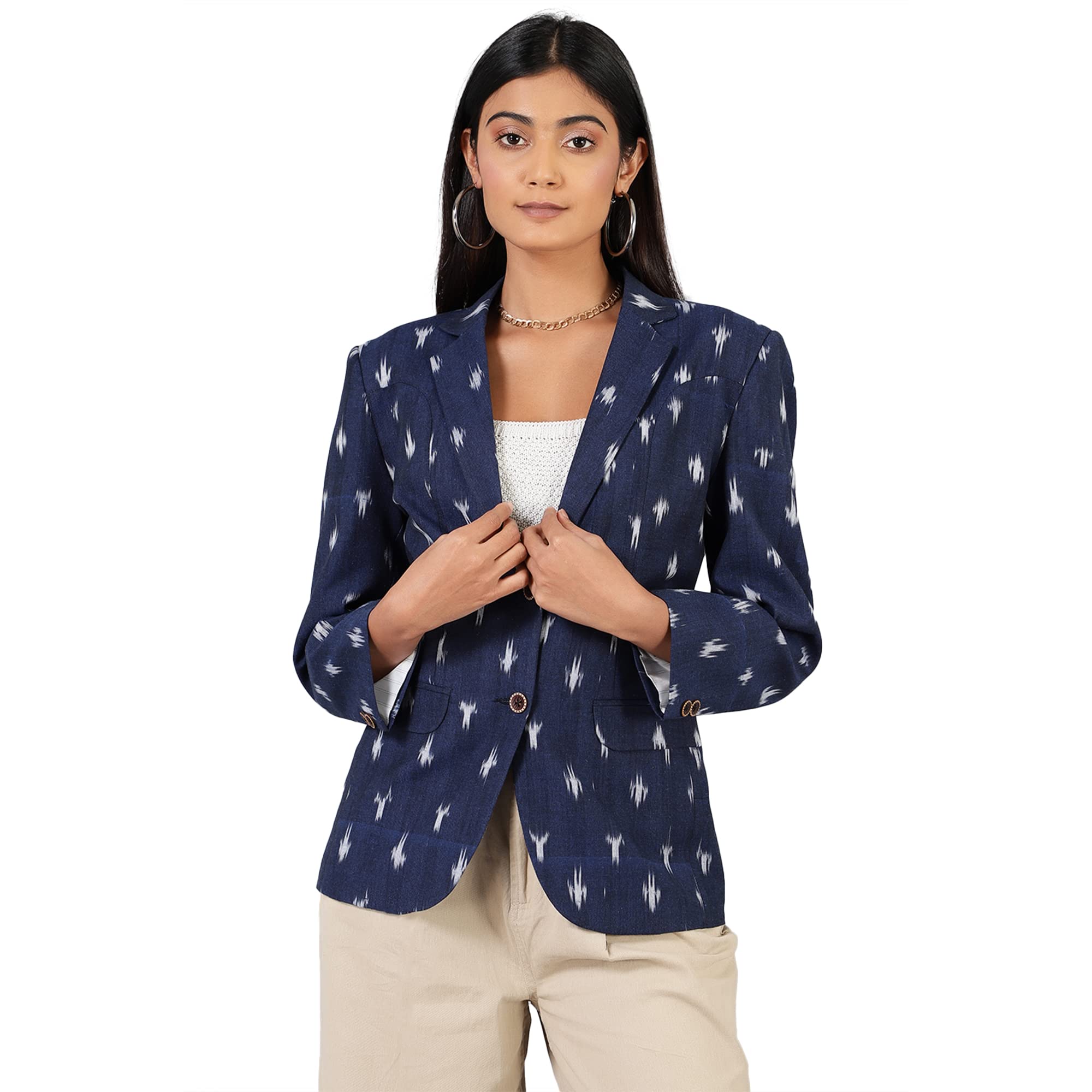 INDOPHILIA Women's Ikat Cotton Tie and Dye Single Breast Two-Button Blazer