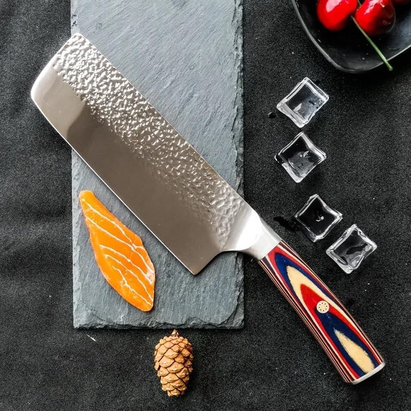 Meat Cleaver,Cleaver Knife 7 Inch Forged Hammer Pattern Nakiri Knife 1.4116 German Steel Pakkawood Handle Sharp Japanese Slicing Chef Kitchen Knife