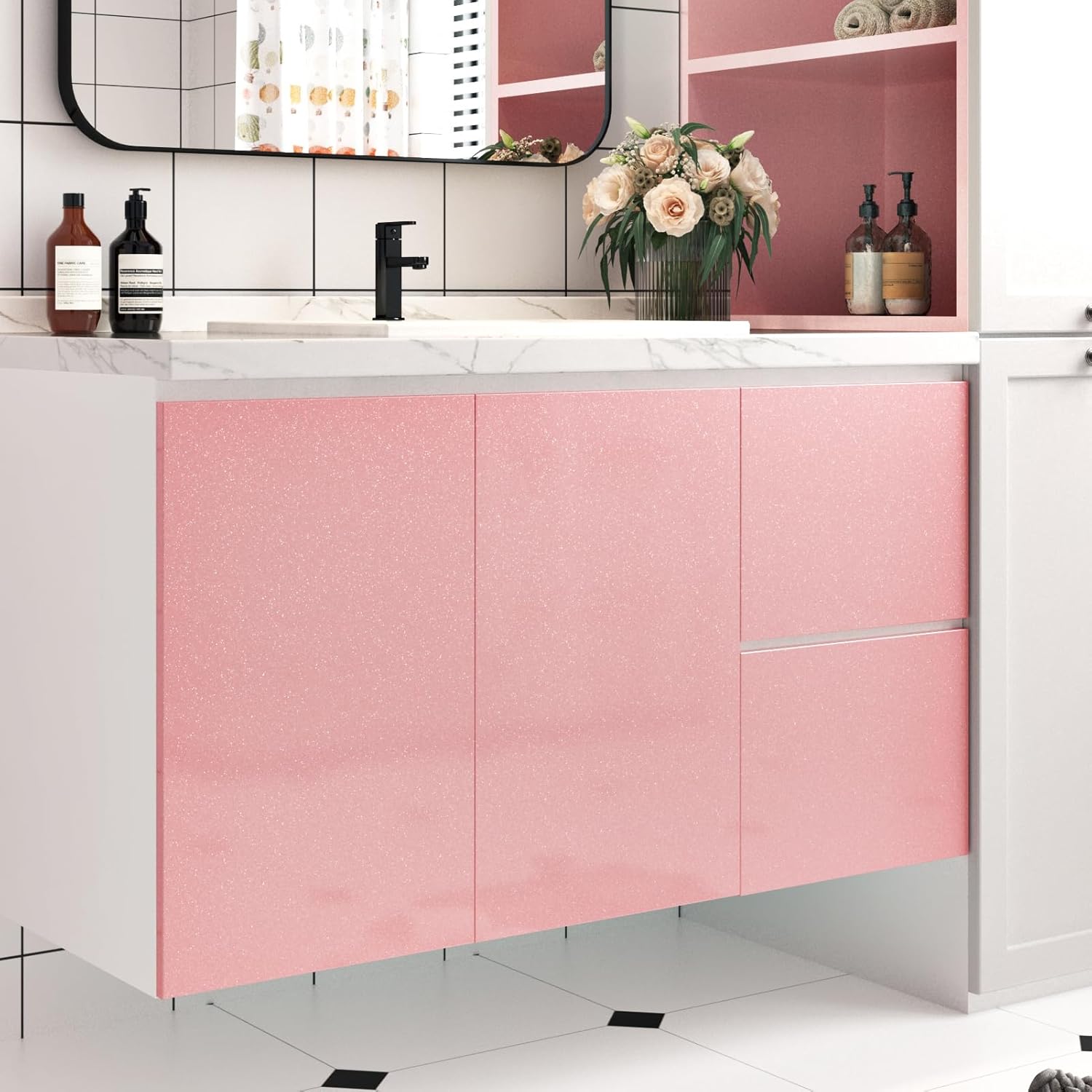 Wallercity Glossy Pink Contact Paper for Countertops Pink Peel and Stick Countertop Wall Paper Self-Adhesive Removable Glitter Wallpaper for Cabinets Drawer Liner Vinyl Waterproof Film 15.8''x315''