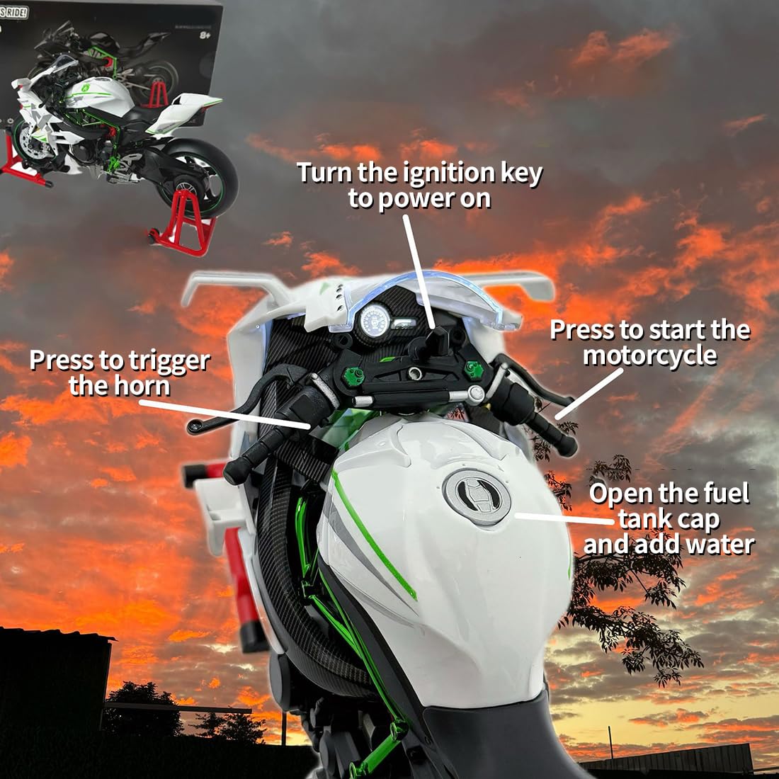 Modello di moto, scala 1:9, H2, in lega, dinamico, simulazione di scarico, nebbia d'acqua, modello meccanico da esposizione, modello di moto da collezione con parti mobili