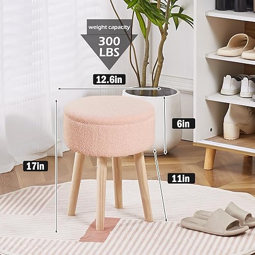 Miniatura 10 de Mxfurhawa Taburete otomano de almacenamiento redondo de lino con patas de madera, reposapiés tapizado multifuncional para sala de estar, baño,