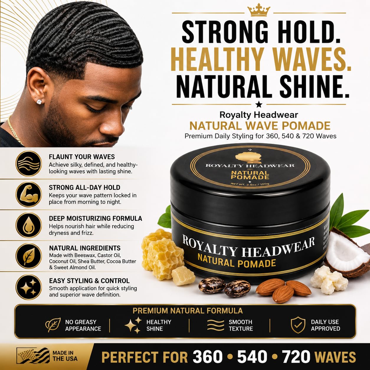 Royalty Headwear Natural Wave Pomade – Silky & Moisturized Hair, Strong Hold, Easy Wash – Men’s Grooming Supplies, Natural Ingredients (3.5oz)