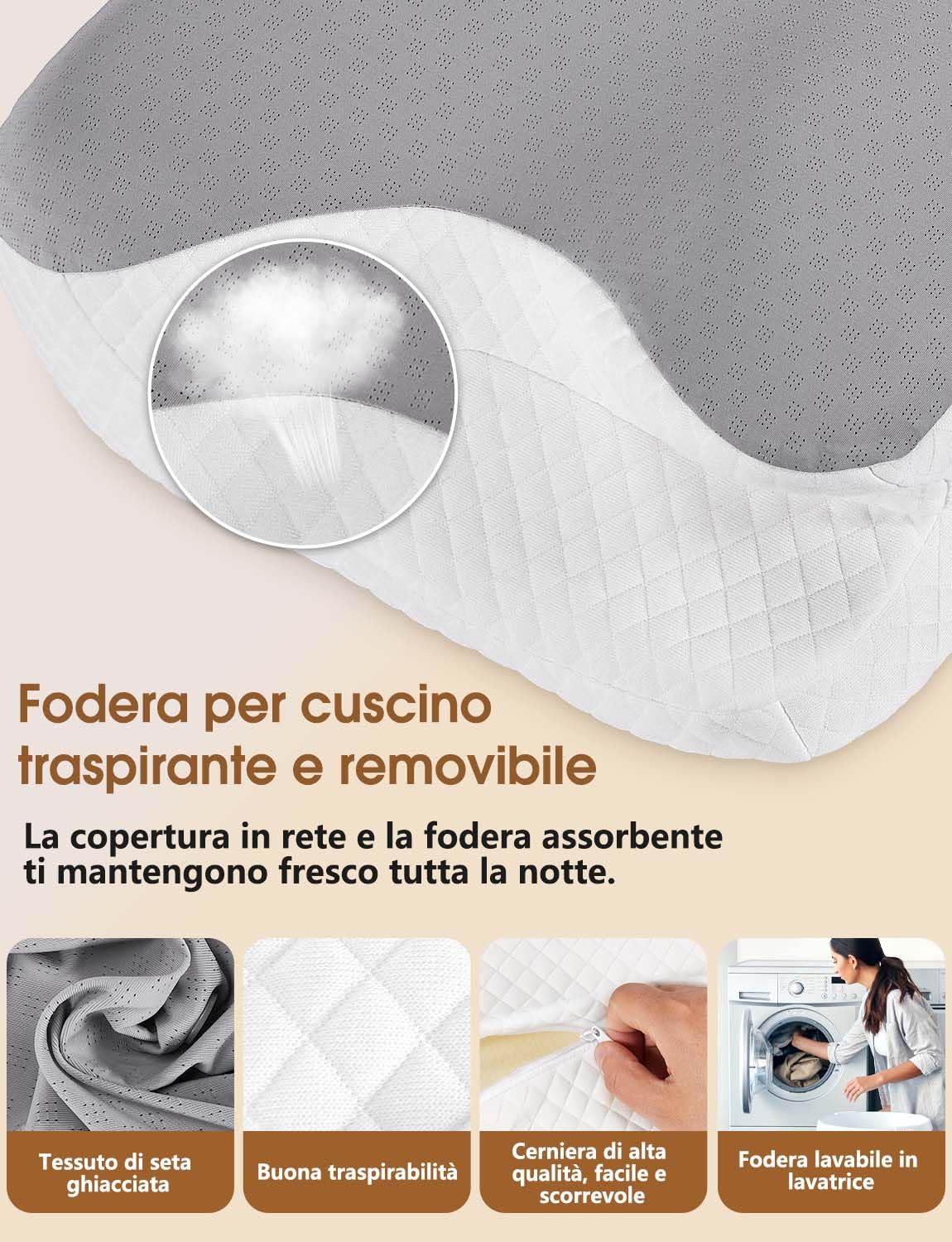 Cuscino Cervicale 2 in 1 in Memory Foam Ergonomico, per Dormire su Fianco, Schiena e Stomaco, con Federa Sfoderabile e Lavabile, 61x41x12/13 cm (Grigio)