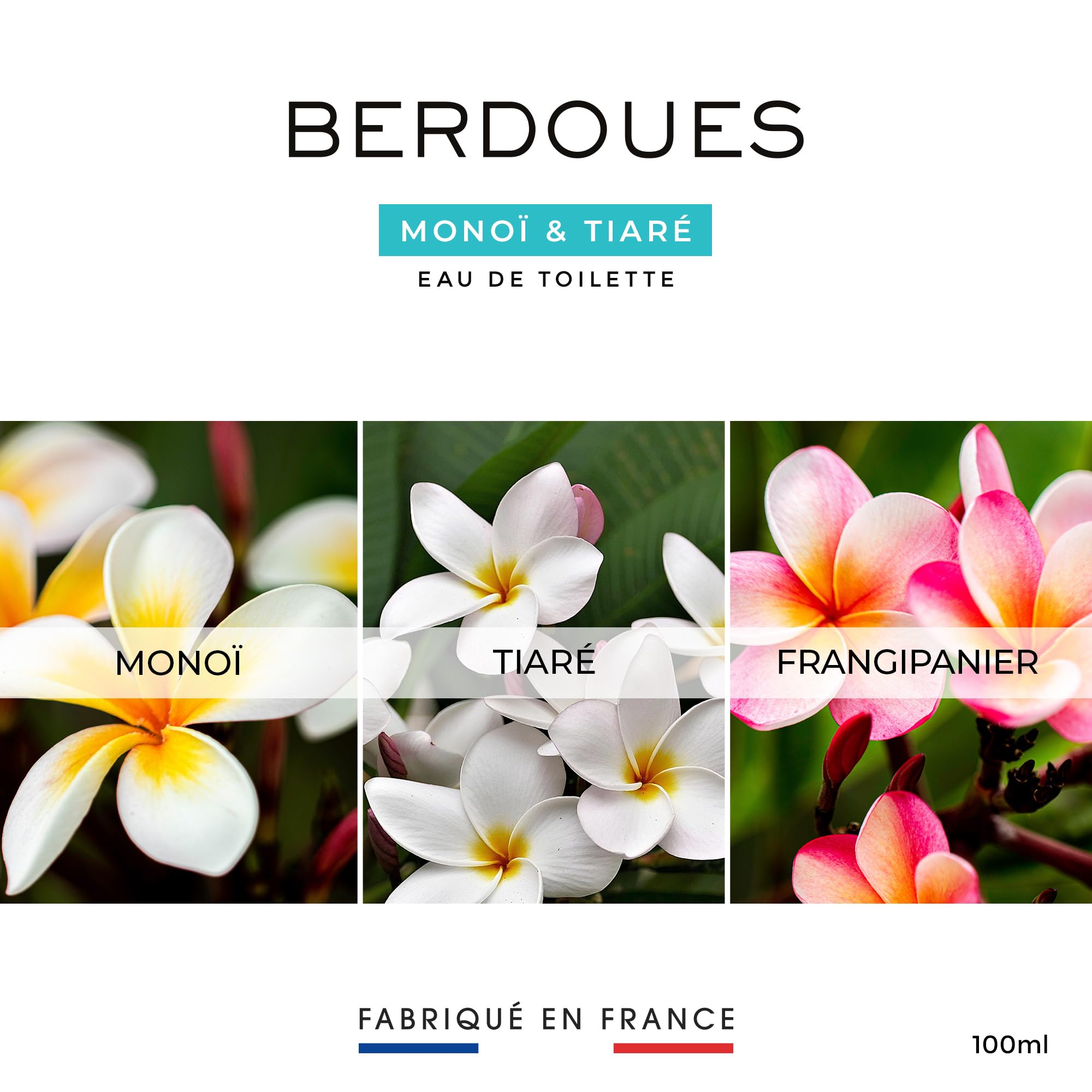 BERDOUES - Eau de Toilette Monoï & Frangipanier + Eau de toilette Monoï & Tiaré, Lot Solaire et Florale, Parfum femme, Vegan, Made in France, flacon 2x100ml