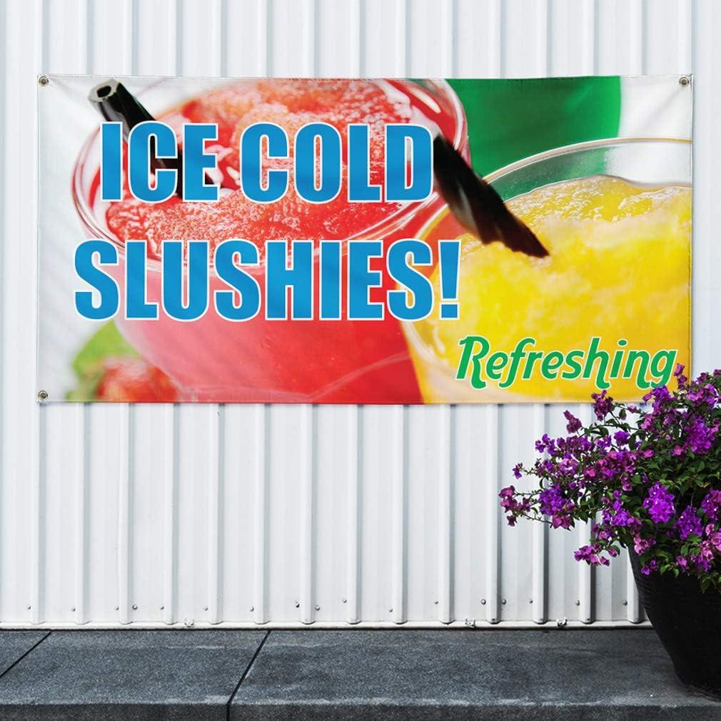Vinyl Banner Sign Ice Cold Slushies! #1 Style A Slushies Marketing Advertising Aqua-Blue - 24inx36in, 4 Grommets, Set of 2