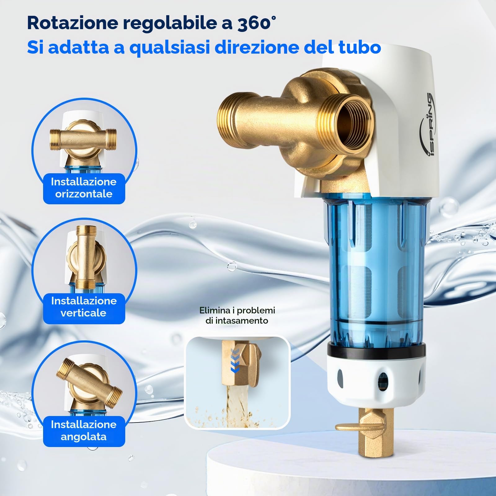 iSpring WSP50GR-E Filtro per l'acqua a Sedimenti Spin-on Riutilizzabile, 50 Micron con Raschietto Incorporato, Testa Girevole a 360°, Manometro, Blu