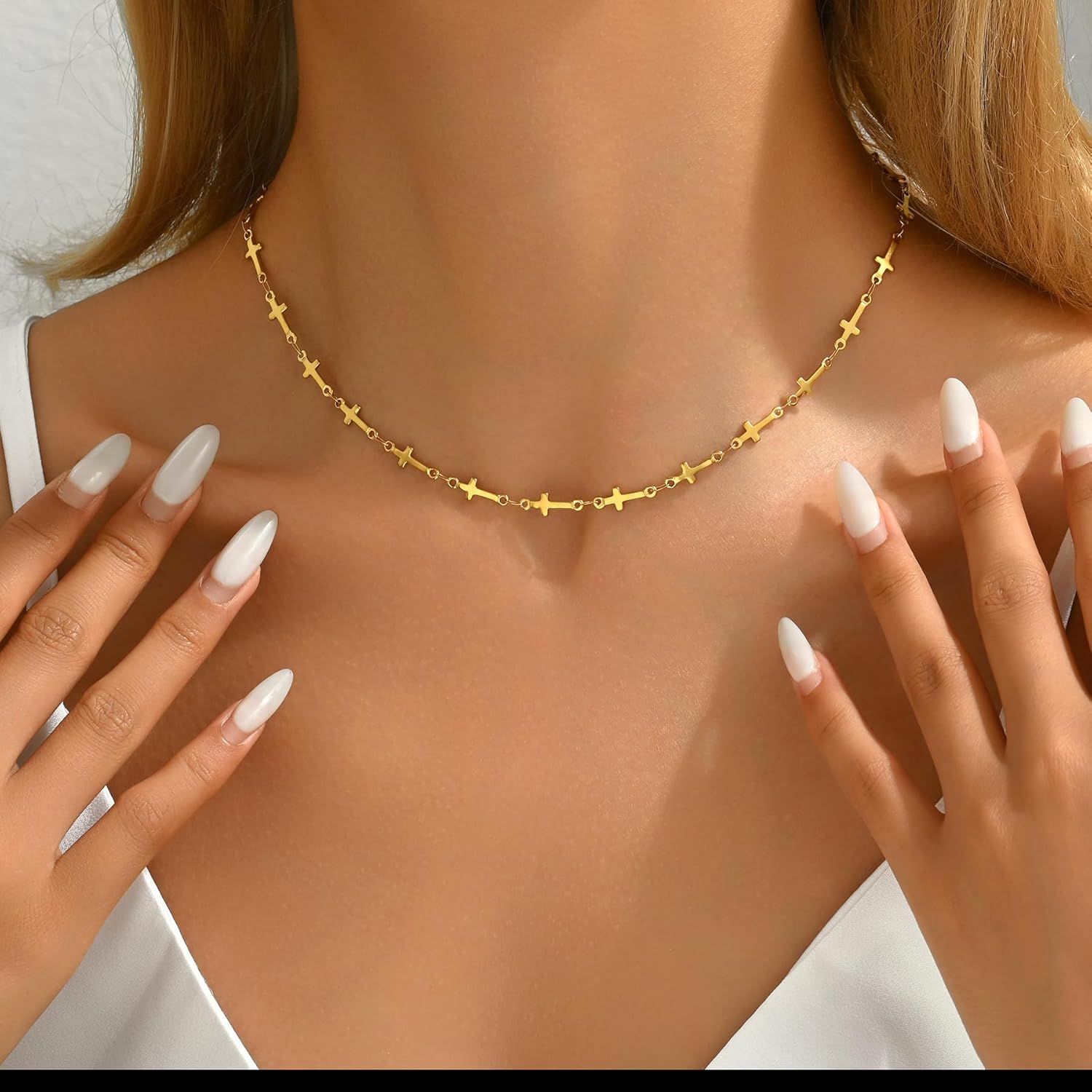 Pearl Cross Necklaces for Women 18K Gold Plated Pearl Beaded Sideways Cross Choker Necklaces Cubic Zirconia Faith Religious Jewelry Christmas Gifts - Image 4