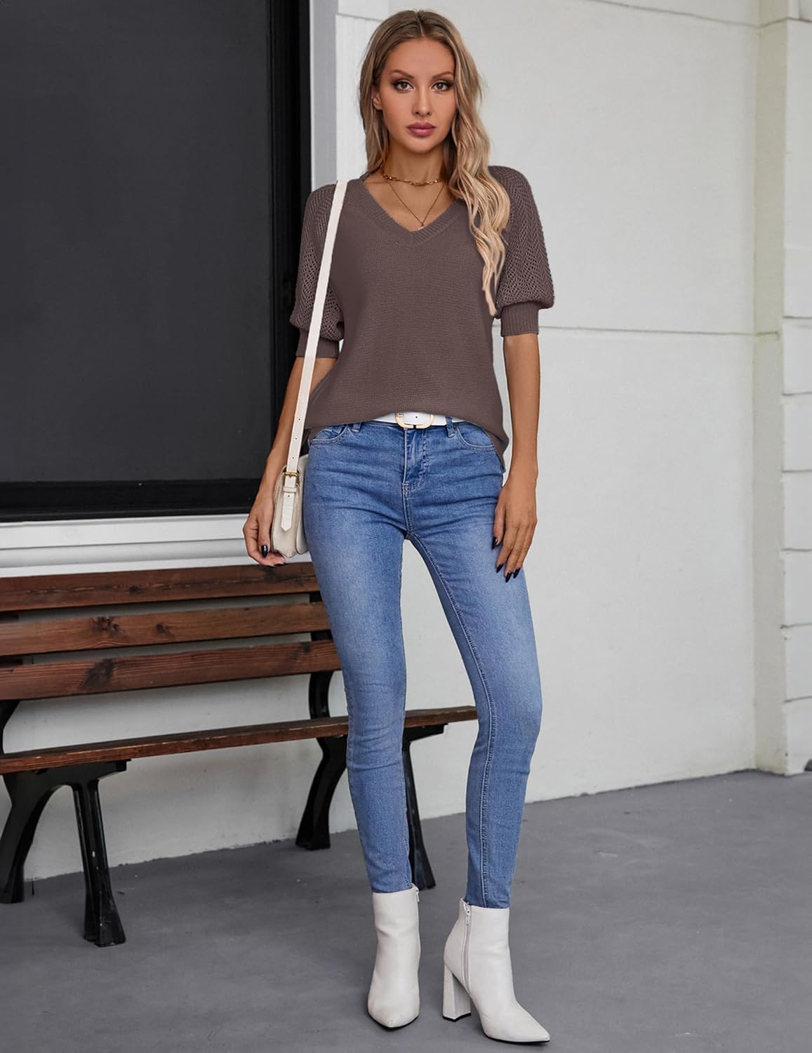 Women Half Sleeve Knitted Sweater, Fall Summer Solid Hollow Crochet Top - V Neck, Elasticity, No Pilling, Lightweight - Image 7