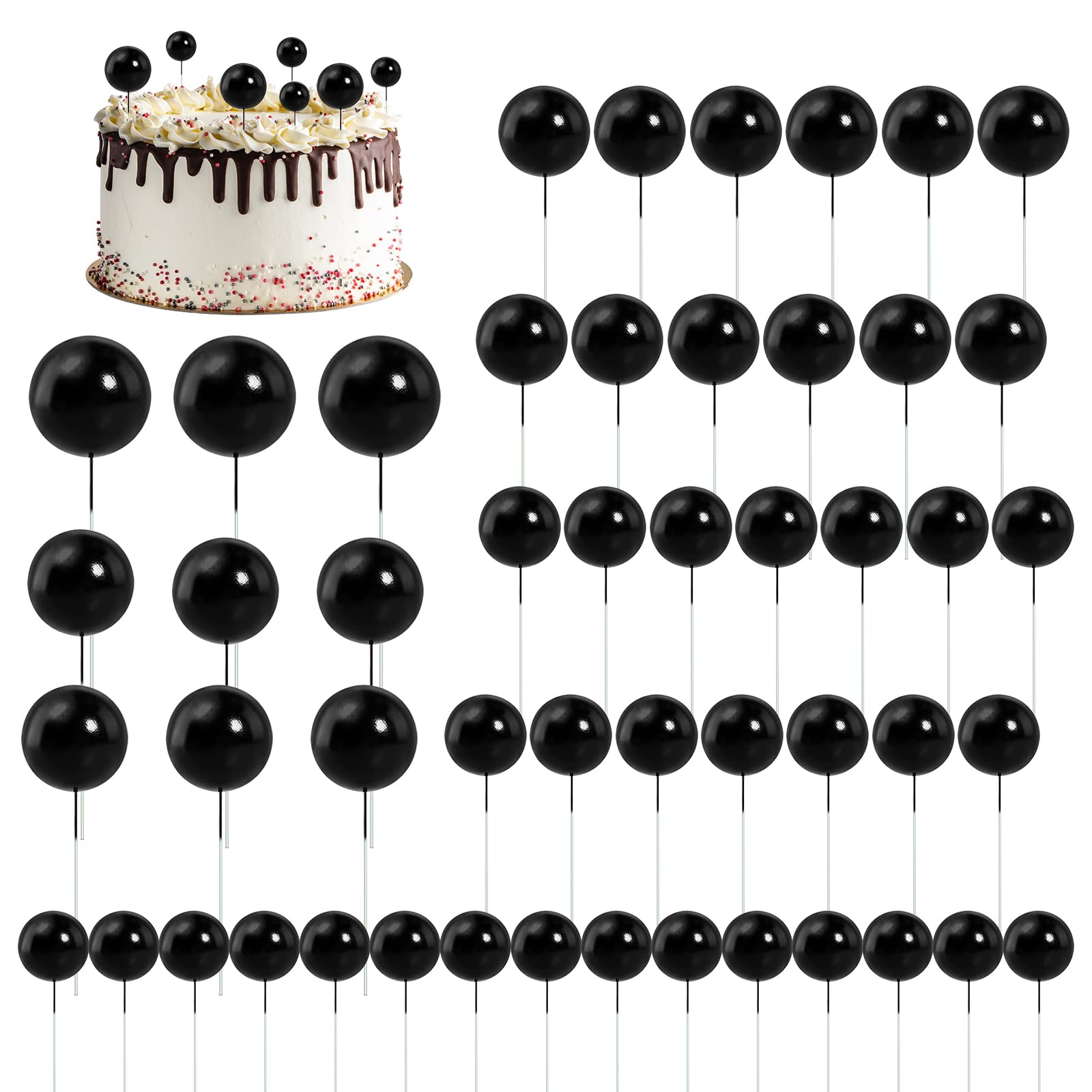 50PCS Black Ball Cake Toppers, Black Balloon Cake Topper Foam Cakes Balls Decoration Balls Cakes Decorations for Wedding Anniversary Birthday Party
