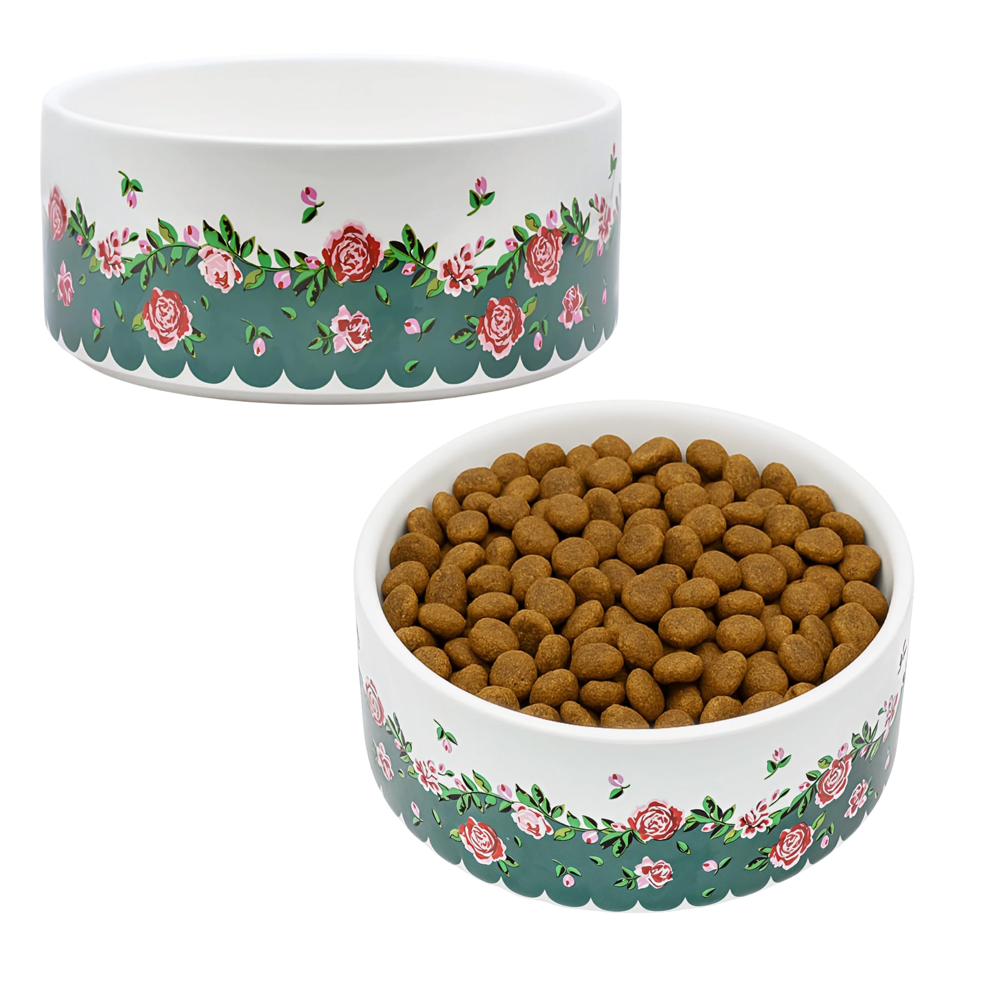 Cath Kidston Set of 2 Ceramic Pet Bowls (400 ml), Dishwasher Safe Food & Water Bowl for Cats & Dogs, Naturally Weighted, Dolly Rose Floral Design | 13.5cm Diameter
