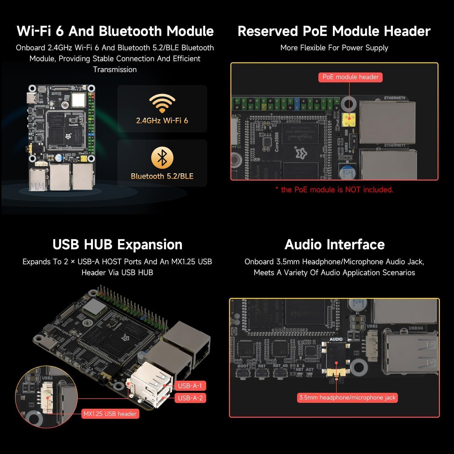Luckfox Lyra Pi Linux Micro Development Board Based On Luckfox Core3506 Core Board, Integrates Triple-core ARM Cortex-A7 and ARM Cortex-M0 Processors, with Wireless @XYGStudy (Lyra Pi B W)