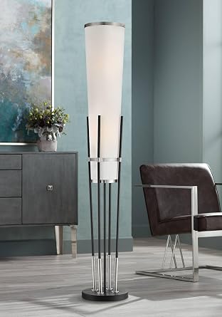 Possini Euro Design Flute Mid Century Modern 64" Tall Floor Lamp Standing with Smart Socket Satin Black Brushed Nickel Metal White Linen Shade for Living Room Family Bedroom Office House