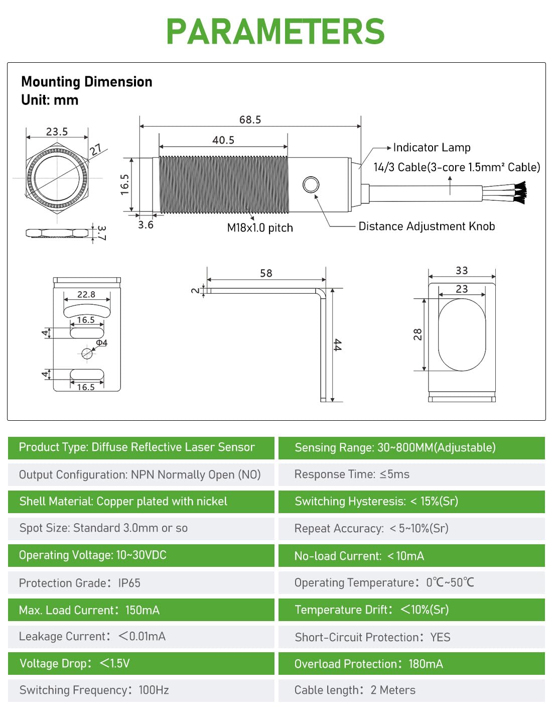 DIHOOL Photoelectric Proximity Sensor, Laser Motion Switch,IP65 Waterproof, Normally Open NPN NO, M16, 3 Wires,12V/24V Input(10-30VDC), Detection Distance Adjustable from 3cm to 80cm