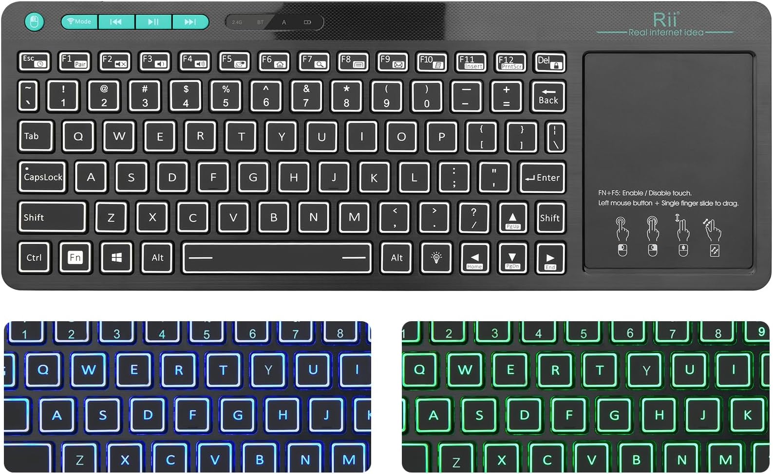 (Dual Mode) Rii RT518S Wireless and Bluetooth 2-LED Color Backlit Multimedia Keyboard with Multi-Touch Big Size Trackpad,Rechargable Keyboard for Android TV Box,PC,Tablets,Smart TV, HTPC, IPTV,Windows