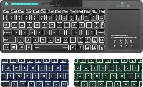 Vista 9 de Rii K18 Plus Teclado multimedia inalámbrico de 3 LED a color retroiluminado con panel táctil de gran tamaño, teclado recargable para Android TV Box