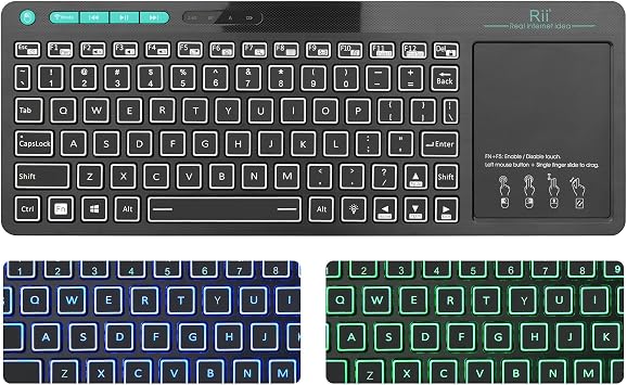 (Dual Mode) Rii RT518S Wireless and Bluetooth 2-LED Color Backlit Multimedia Keyboard with Multi-Touch Big Size Trackpad,Rechargable Keyboard for Android TV Box,PC,Tablets,Smart TV, HTPC, IPTV,Windows 2.4G+Bluetooth(New Version)