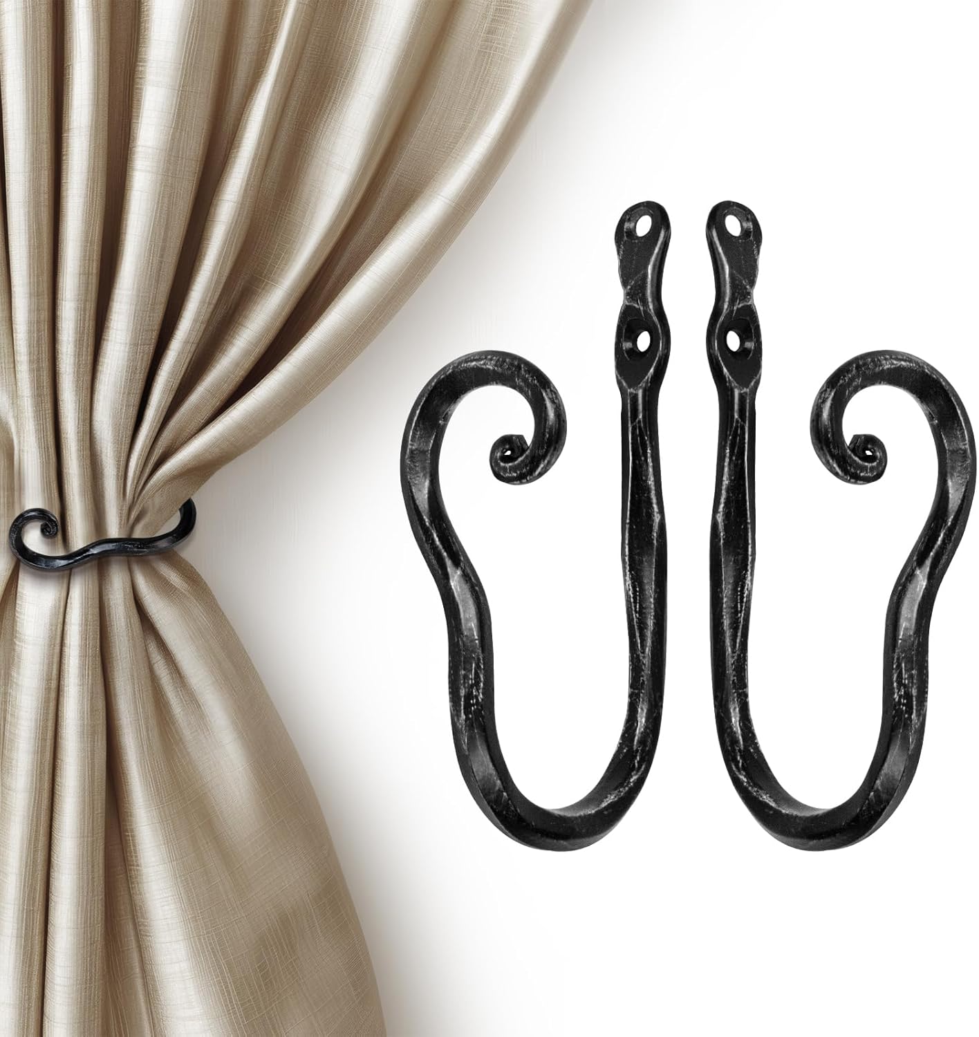 Curtain Holdbacks Hand-Forged Vintage Black Curtain Tiebacks Wall Mounted, Heavy Duty Metal Curtain Hooks for Drapes for Living Room & Bedroom