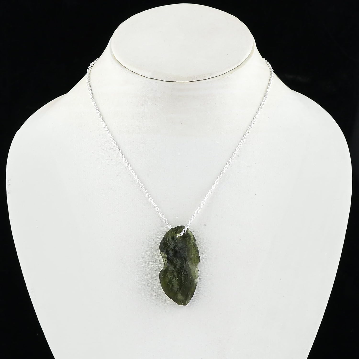 JOR Synthetic Moldavite Raw Crystal Pendant Necklace, Gemstone Rough, Chakra Healing Stone, Gift Giving Women Jewelry, Dainty Silver Plated Chain 18 inch - Image 5