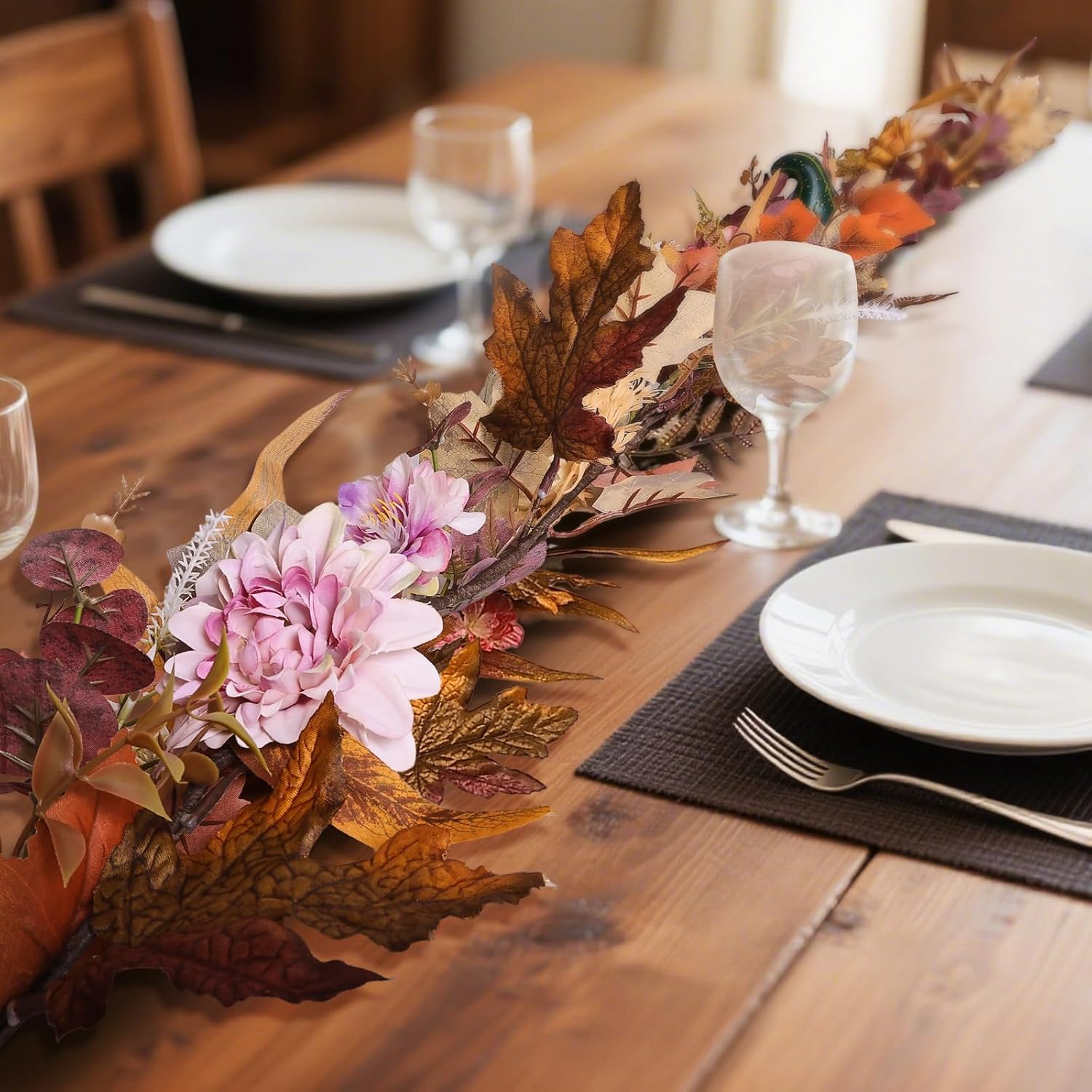 2 Pack 6ft Fall Garland with Maple Leaves and White Pumpkins – Artificial Autumn Pumpkin Garland for Mantle, Fireplace, Porch, Wedding, Thanksgiving and Home Decorations