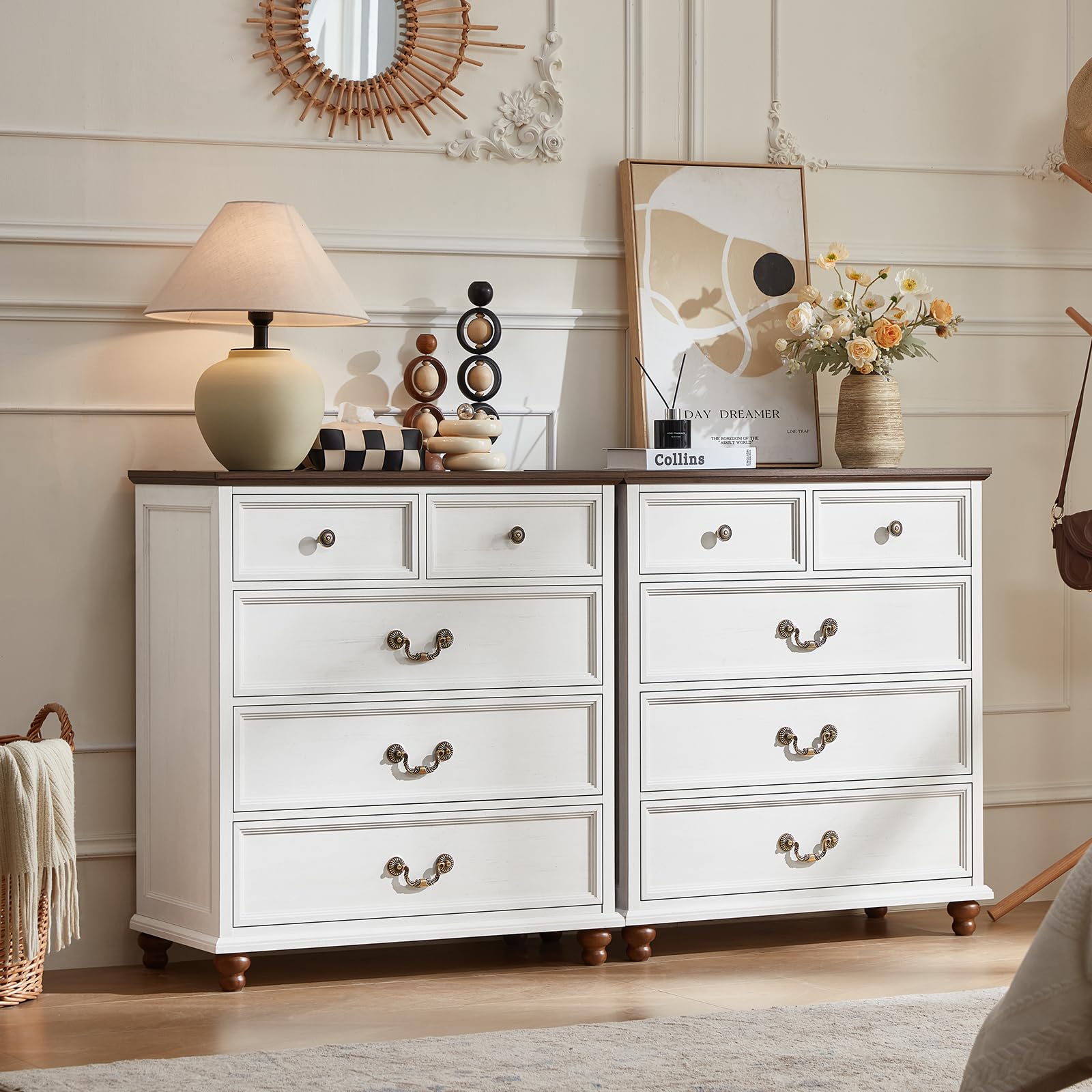Joaxswe Farmhouse 5 Drawer Dresser Set of 2 for Bedroom, 35" Tall Rustic Chests of Drawers w/ 4 Solid Wood Feet, Mid Century Vintage Wooden Closet Storage Dressers Organizer for Living Room, White