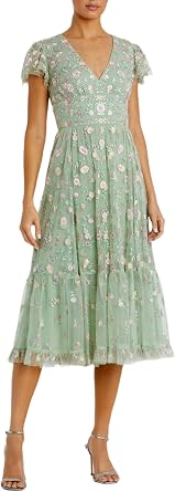 Mac Duggal Embroidered V Neck Cap Sleeve Midi Dress