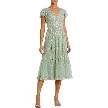 Mac Duggal Embroidered V Neck Cap Sleeve Midi Dress
