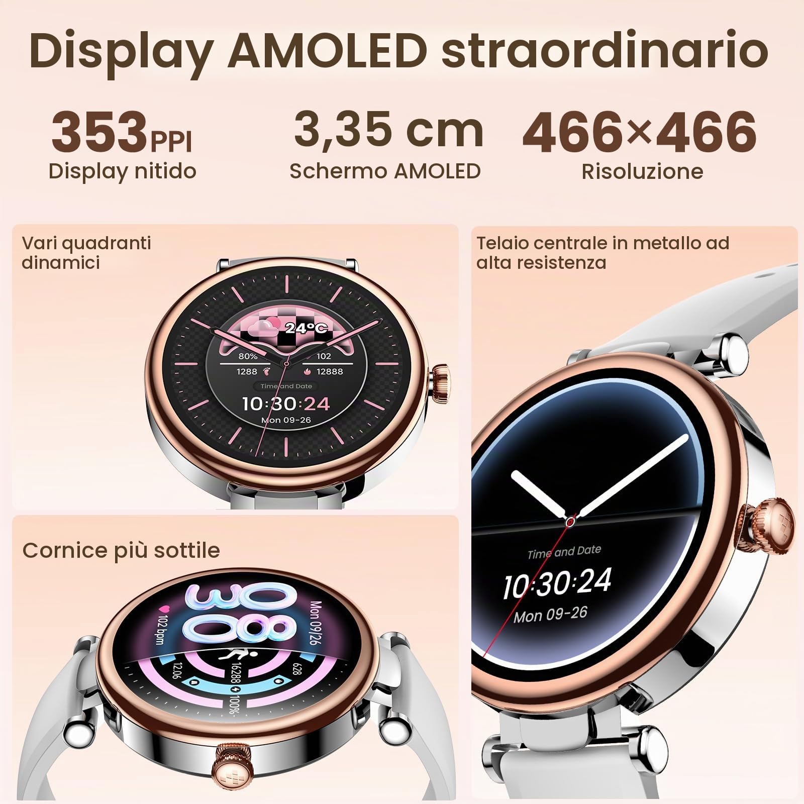 TOZO S8 Smartwatch Uomo Donna 1.32" AMOLED Schermo Risoluzione 466x466PPI | Orologio con Bluetooth Chiamata e Messaggio Multipla Funzione di Salute e Vida 100+ Modalità Sportive Oro Rosa